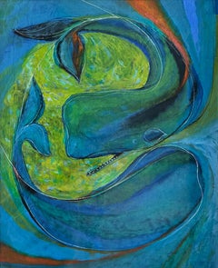 Two Whales Swirl in Love Dance Among Blue and Yellow Waters