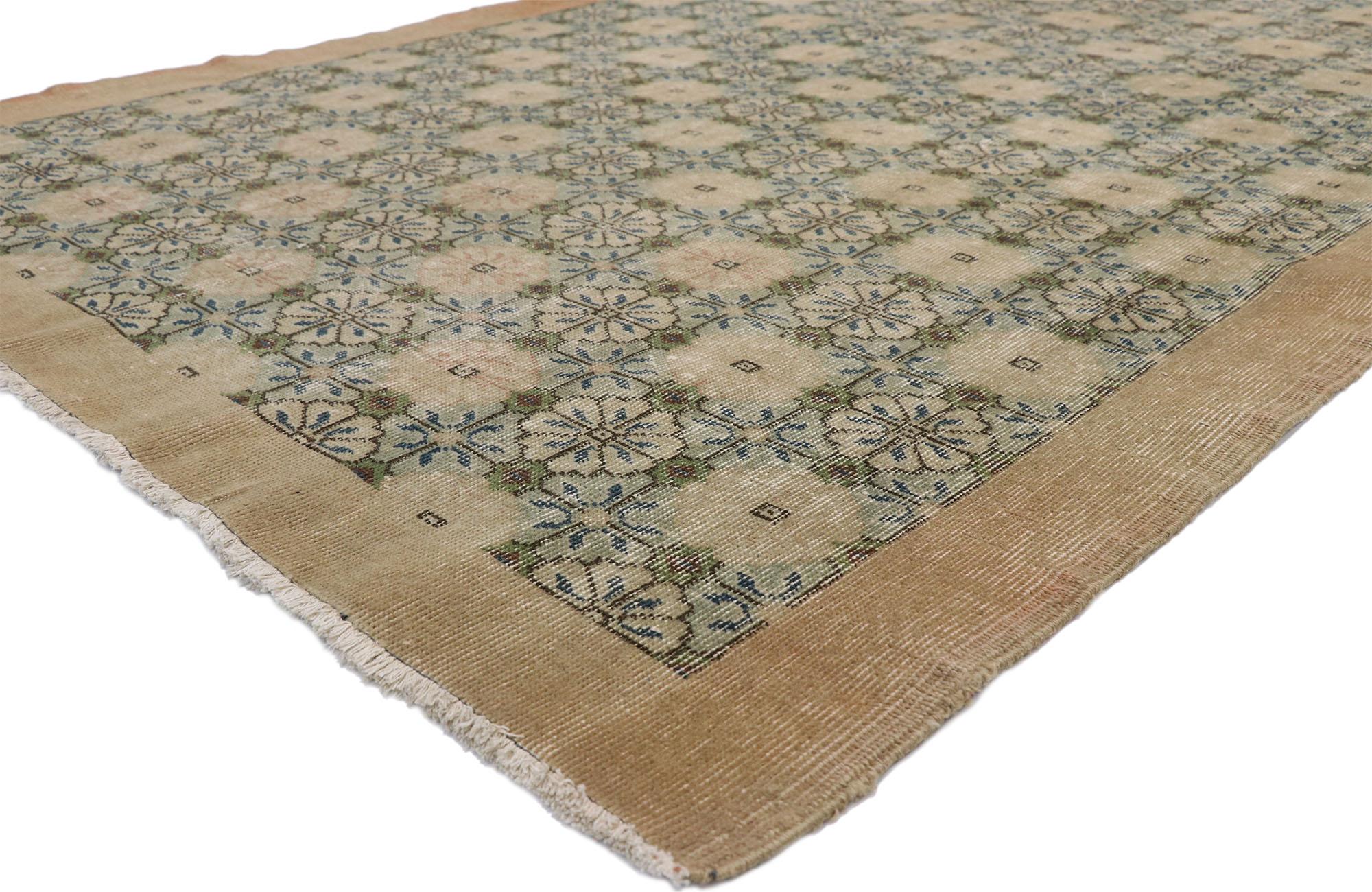 52570 Zeki Muren distressed vintage Turkish Sivas rug with Swedish cottage Gustavian style. Lovingly timeworn with Gustavian grace, this hand knotted wool distressed Turkish Sivas rug beautifully embodies a Swedish Farmhouse style. The field is