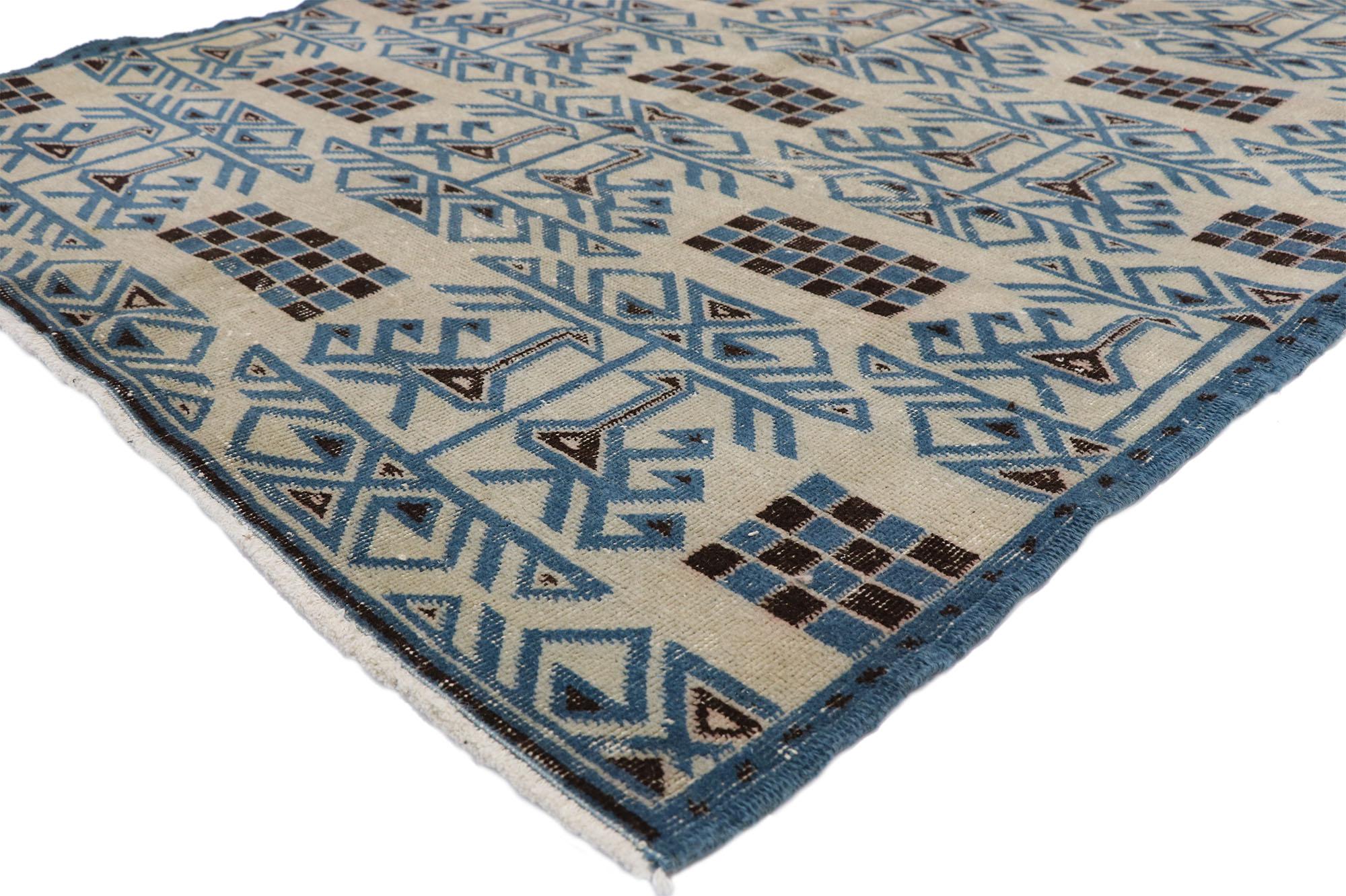 52605 Zeki Muren distressed vintage Turkish Sivas rug with Art Deco Cubism style. The bold geometric pattern and vibrant colors woven into this hand knotted wool distressed vintage Turkish Sivas rug work together creating a truly unique look. The