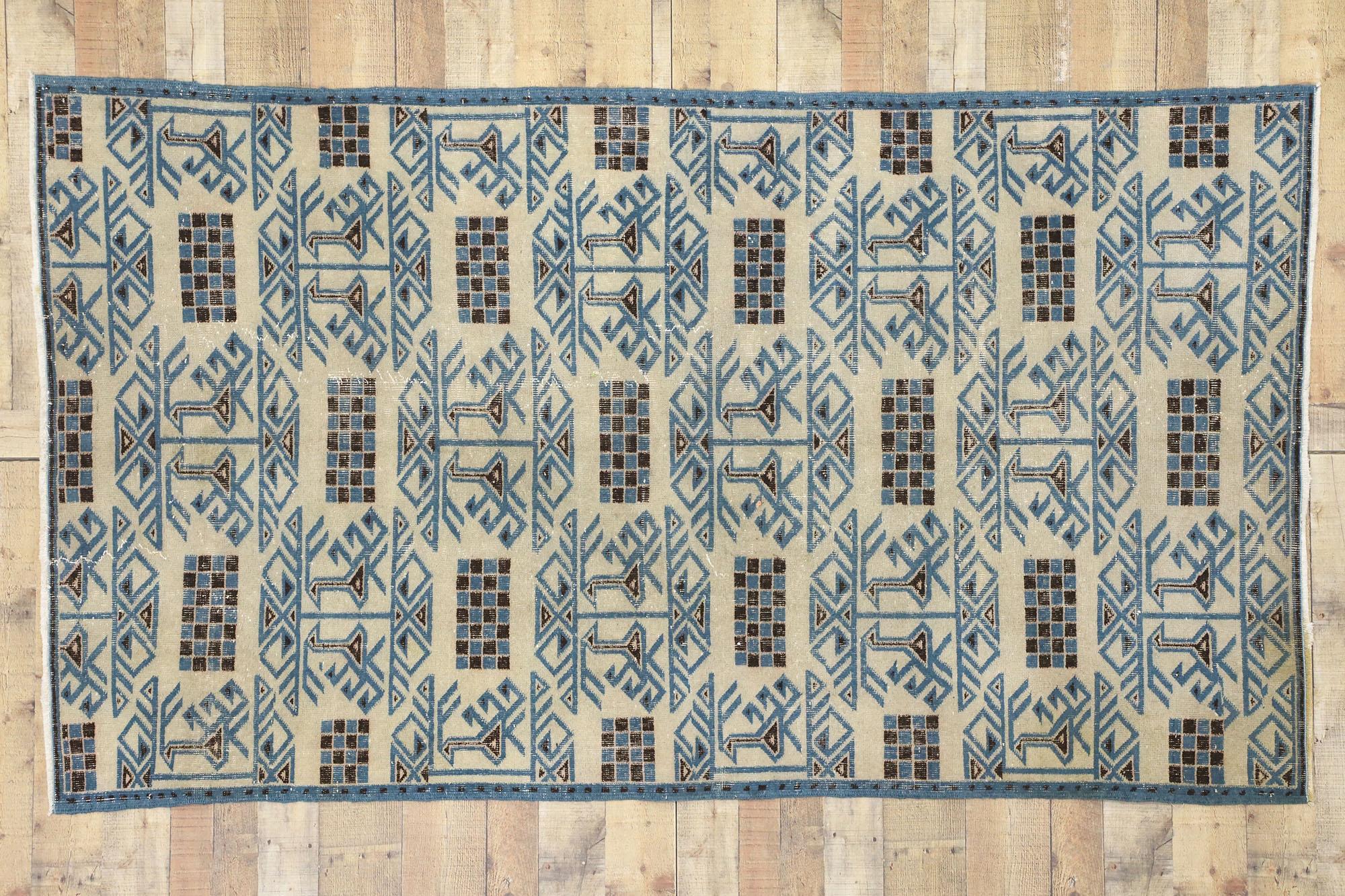 Wool Zeki Muren Distressed Vintage Turkish Sivas Rug with Art Deco Cubism Style For Sale