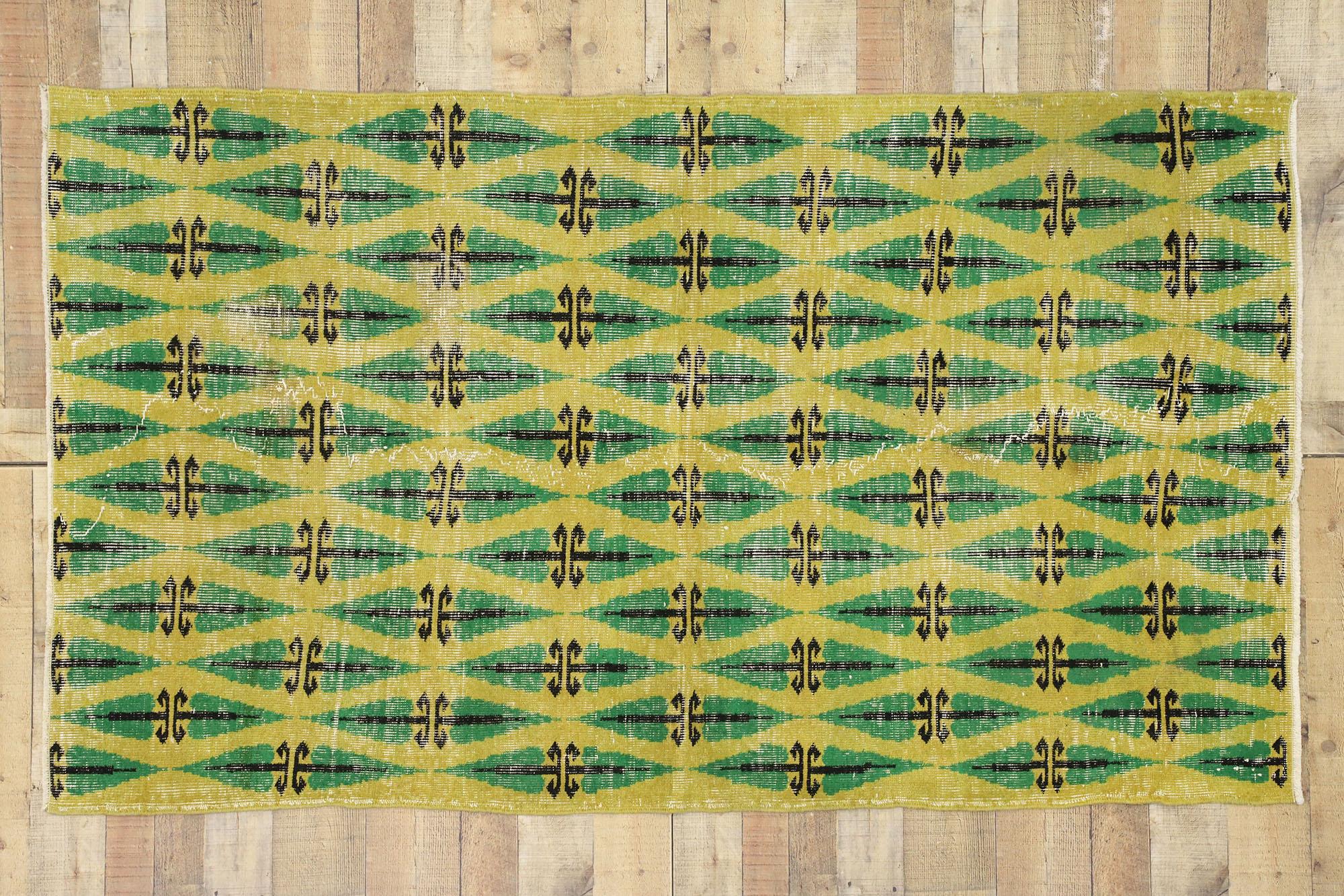 Wool Zeki Muren Distressed Vintage Turkish Sivas Rug with Biophilic Art Deco Style For Sale