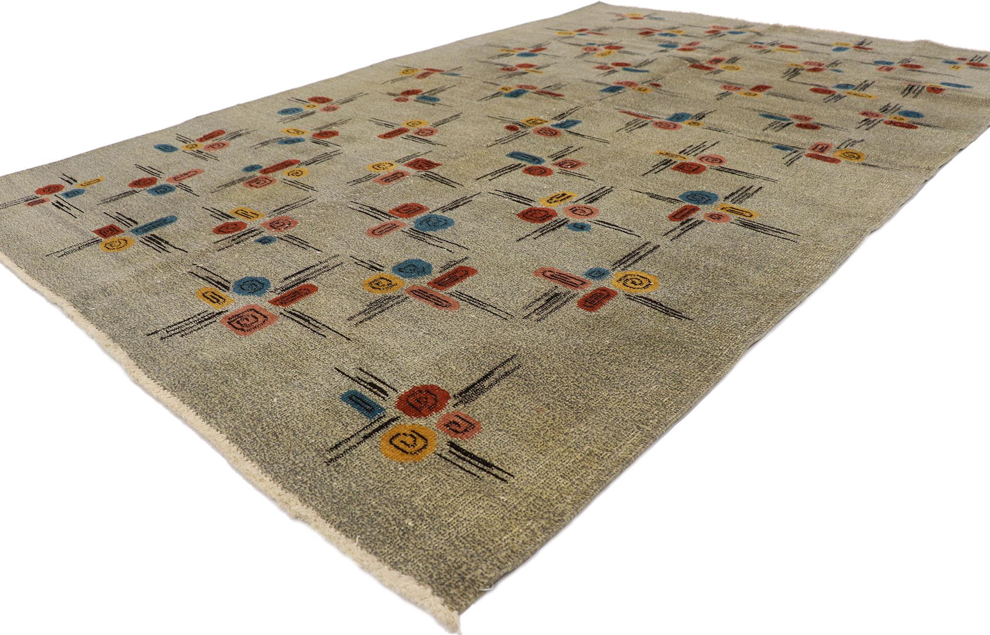 53662 Zeki Muren Distressed Vintage Turkish Sivas rug with Biophilic Design 05'02 x 07'10. With its simplicity, geometric design and intrinsic beauty, this hand-knotted wool distressed Zeki Muren vintage Turkish Sivas rug provides a feeling of cozy