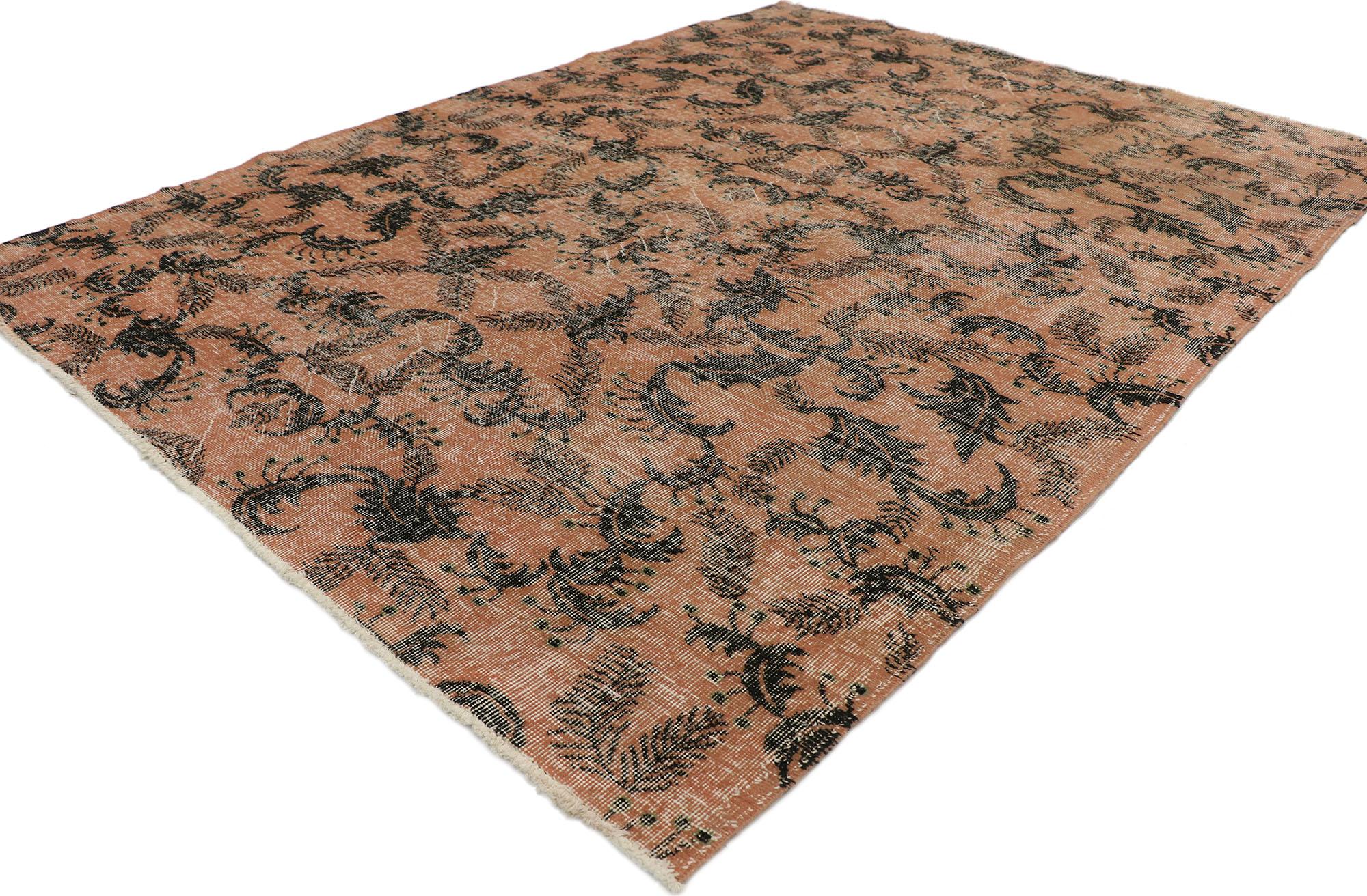 52028 Zeki Muren distressed vintage Turkish Sivas rug with Biophilic Prairie style. Reflecting elements of the Prairie School Movement and Biophilic design, this hand knotted wool distressed vintage Turkish Sivas rug awakens the soul with elevated