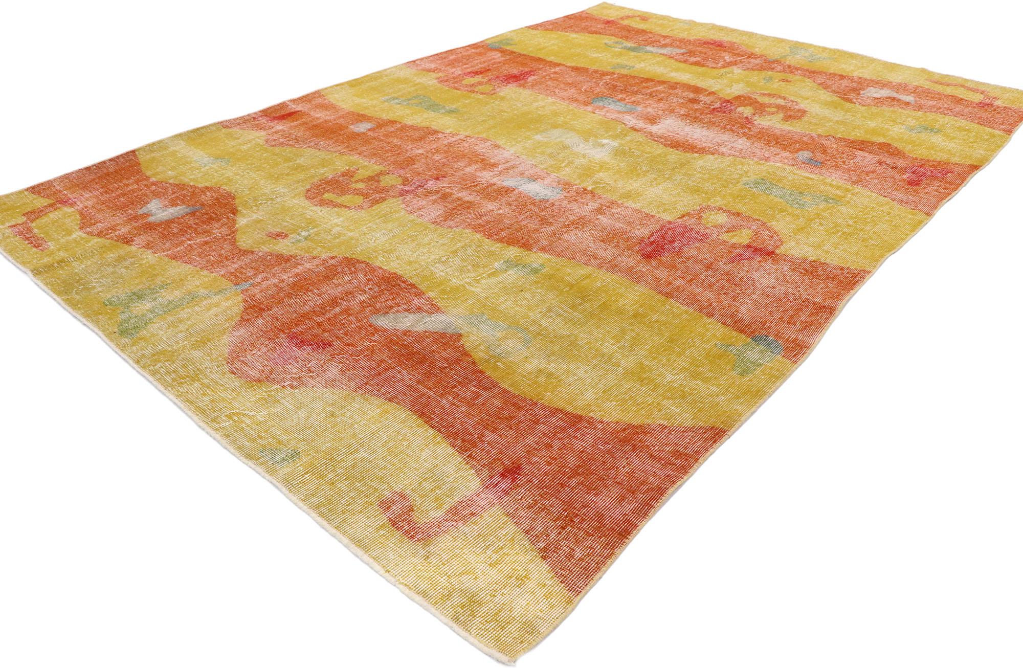53287 Zeki Muren distressed vintage Turkish Sivas rug with abstract expressionist style. With its geometric pattern, bold form and vibrant colors, this hand knotted wool distressed vintage Turkish Sivas rug beautifully embodies Abstract
