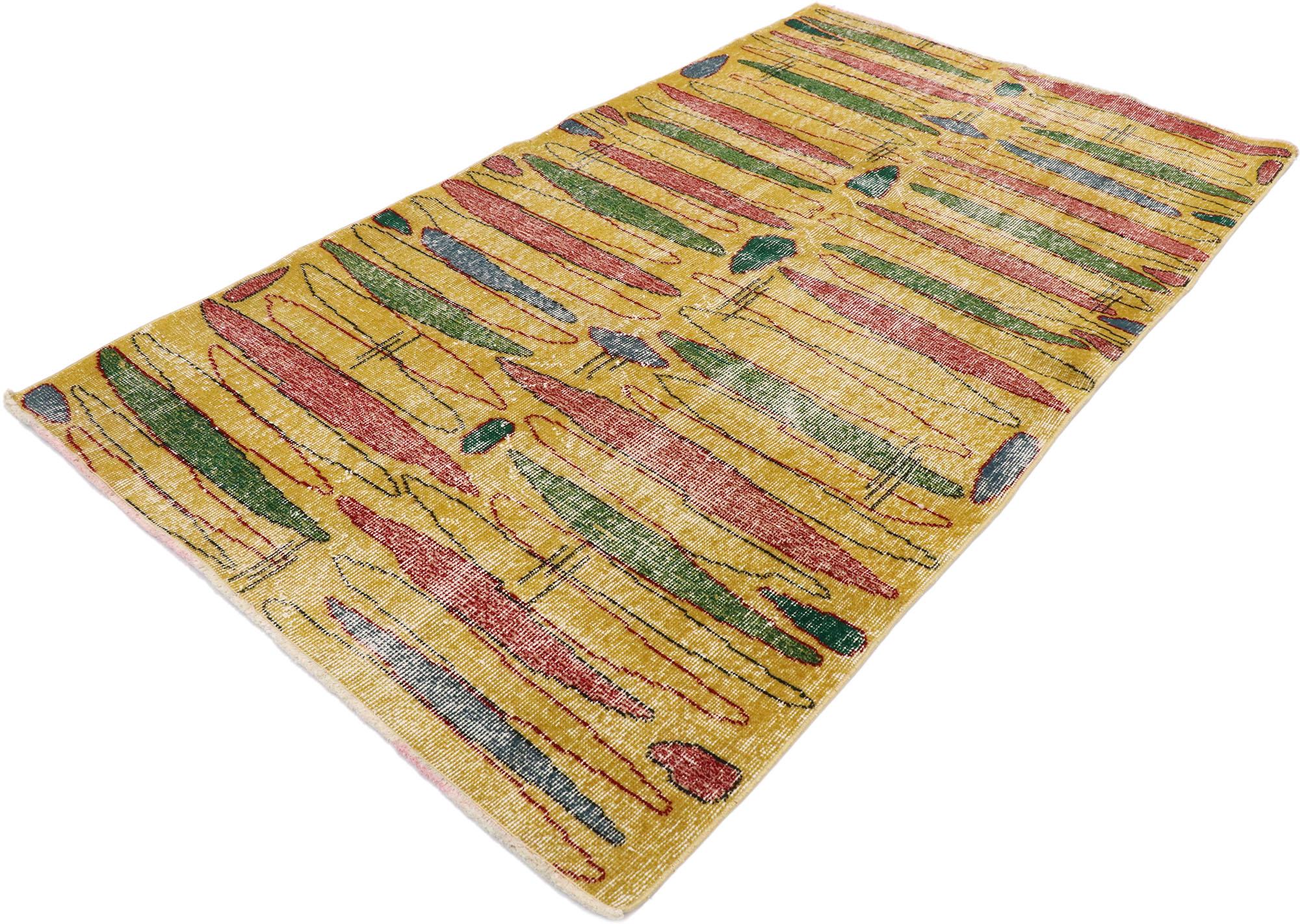 53340 Zeki Muren Distressed Vintage Turkish Sivas Rug with Abstract Expressionist Style. The bold geometric pattern and vibrant colors woven into this hand knotted wool Zeki Muren distressed vintage Turkish Sivas rug work together creating a truly
