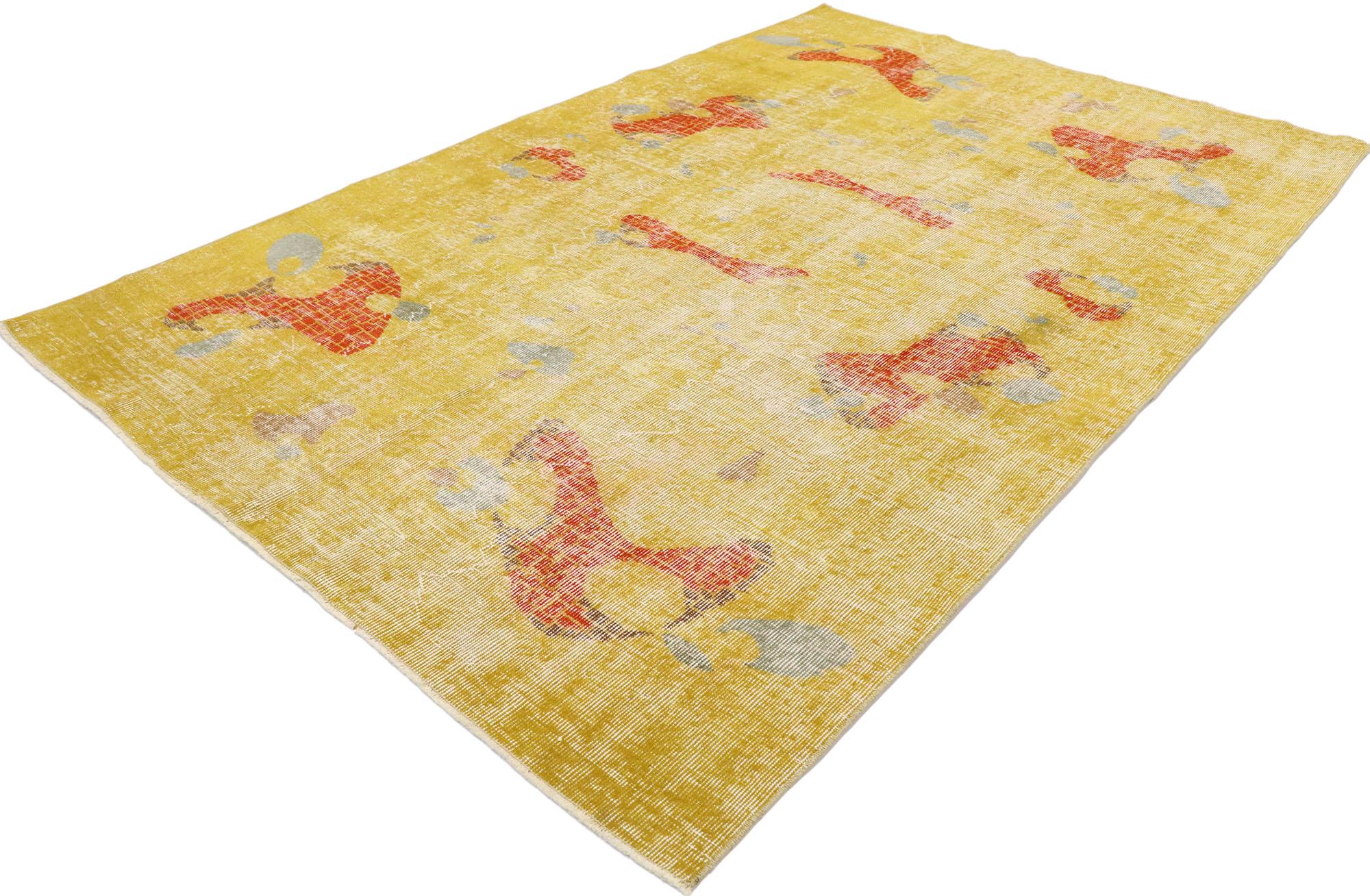 53318, Zeki Muren distressed vintage Turkish Sivas rug with Abstract Expressionist style. With its geometric pattern, bold form and vibrant colors, this hand knotted wool Zeki Muren distressed vintage Turkish Sivas rug beautifully embodies Abstract