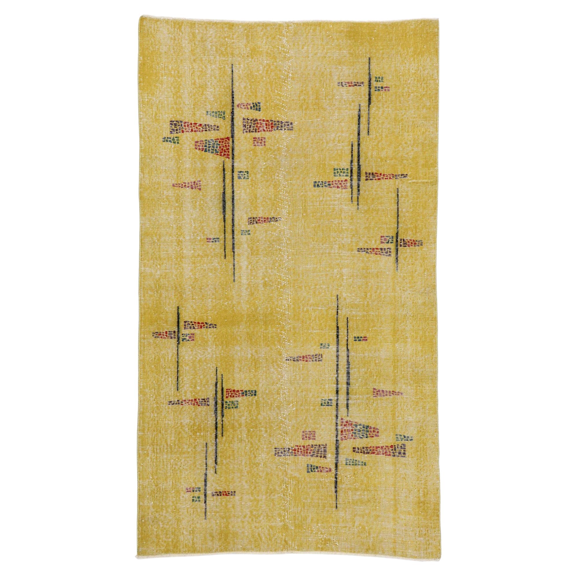 Turkish Rug Artist Distorted Zeki Muren Distressed Vintage Turkish Sivas Rug with Expressionist ...