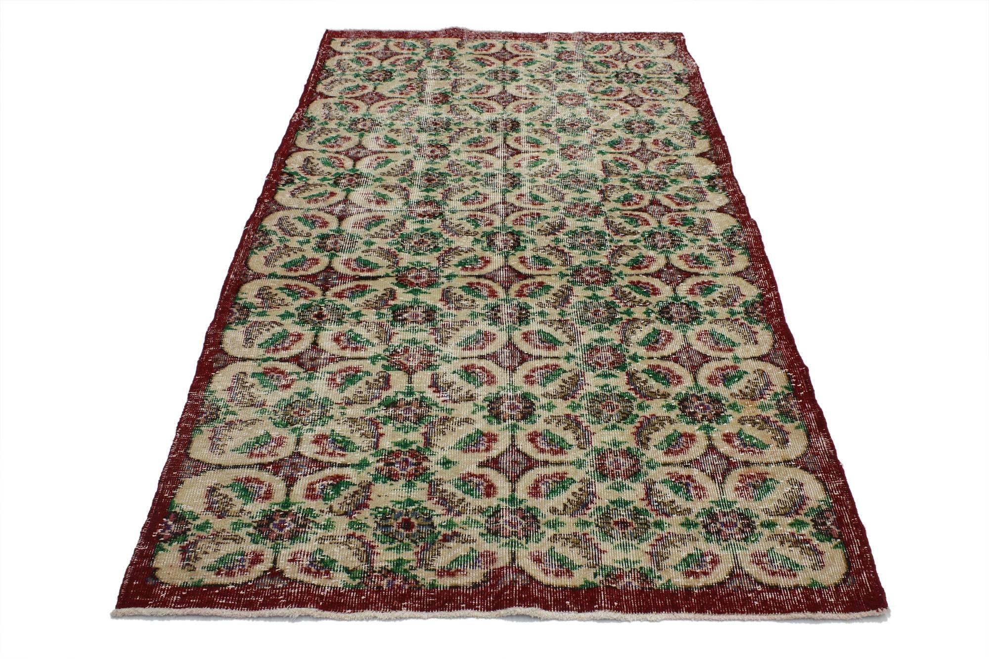 51981, Zeki Muren Vintage Turkish Rug With French Country, Swedish Farmhouse Style, 3'10 X 6'09.  This vintage Turkish Sivas rug features an all-over repeating geometric pattern of serrated leaves, feathers, floral diamonds and roundels. This