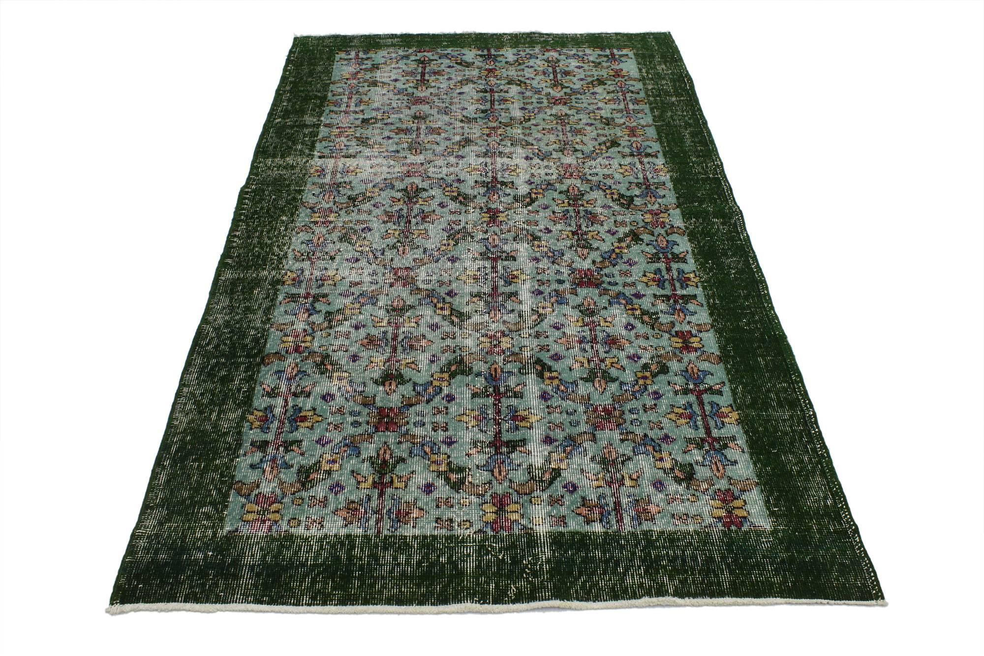 51978, Zeki Muren Distressed Vintage Turkish Sivas Rug With Industrial Art Deco Style, 03'11 x 06'09. This distressed vintage Turkish Sivas rug with modern Industrial Art Deco style features an all-over floral trellis pattern. Rendered in variegated
