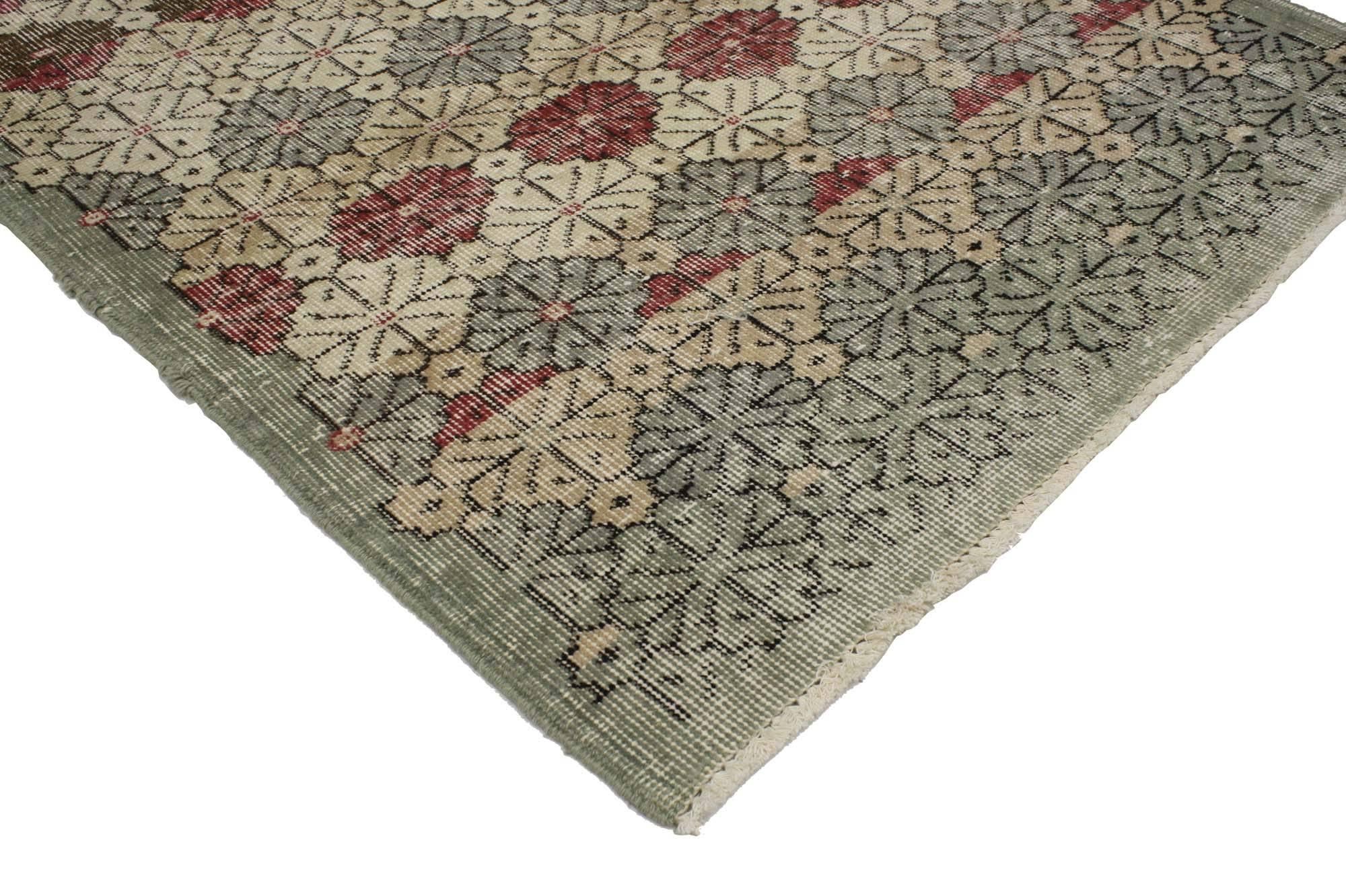 51904 Zeki Muren Distressed Vintage Turkish Sivas Rug with Modern Rustic Artisan Style 03'05 x 05'09. Warm and inviting, this hand-knotted wool distressed vintage Turkish Sivas rug embodies modern rustic style with an artisan twist. The abrashed