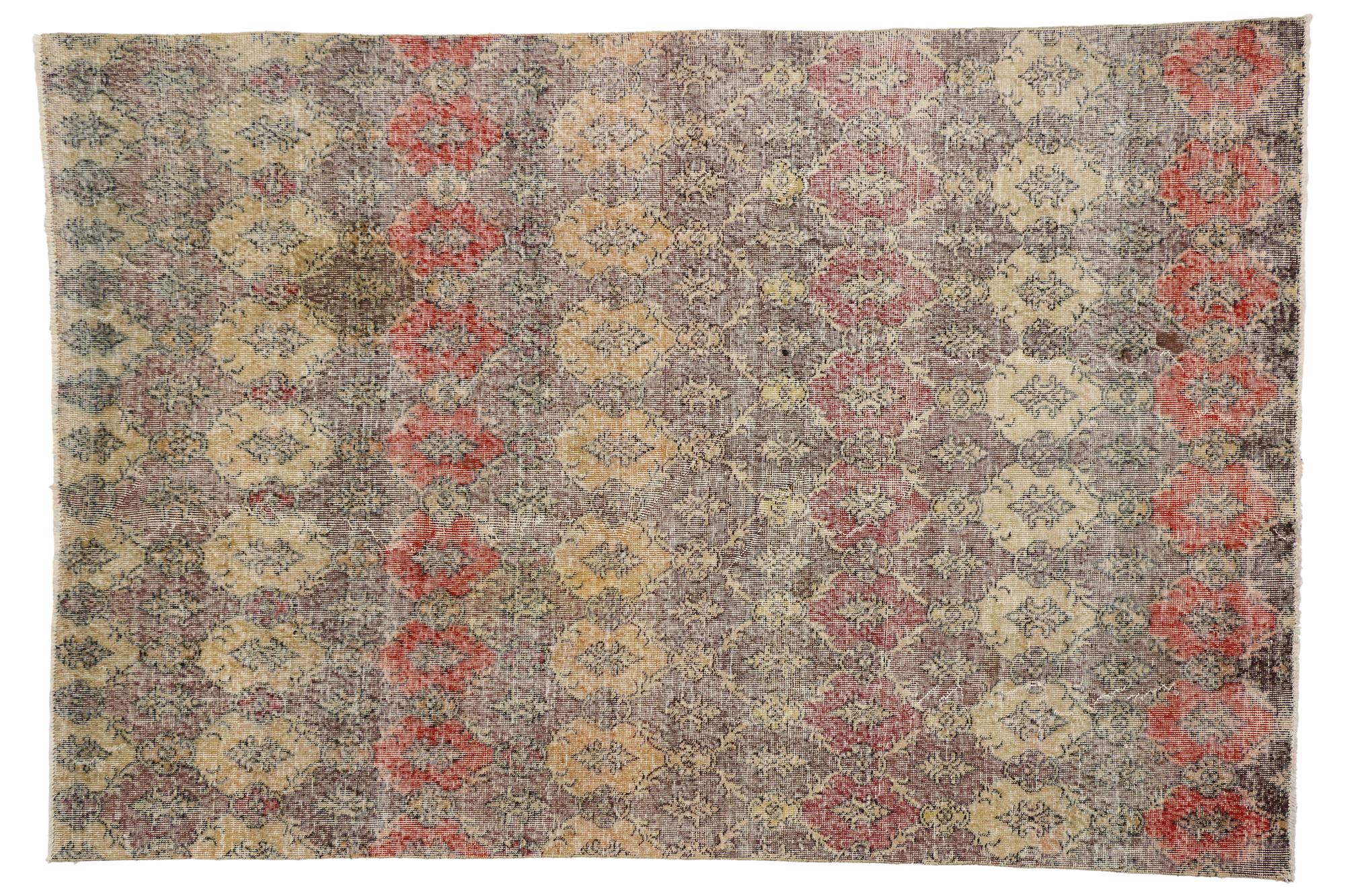 Zeki Muren, Alfombra Sivas Turca Vintage Desgastada con Estilo Art Decó Industrial Anudado a mano en venta