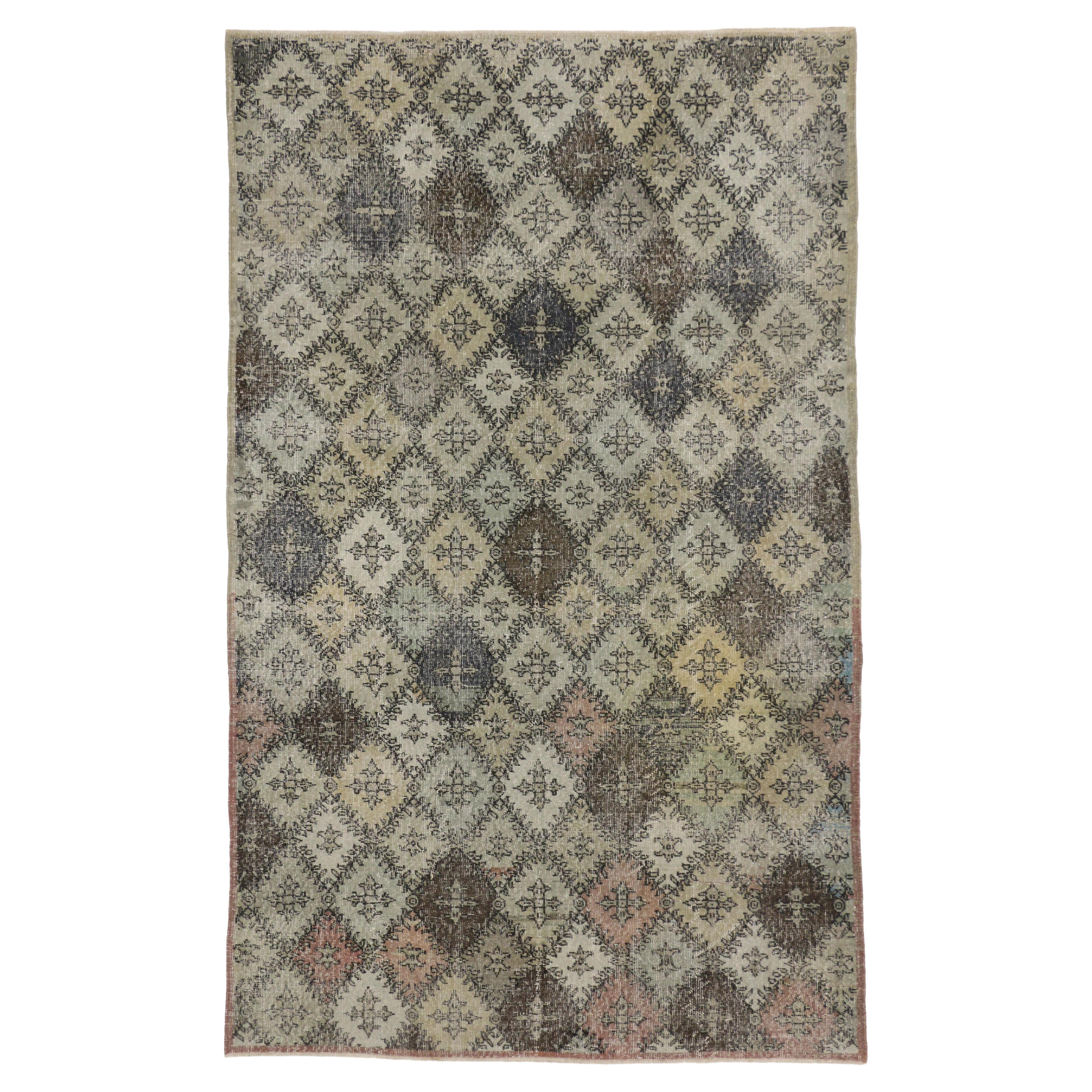 Zeki Muren Distressed Vintage Turkish Sivas Rug with Industrial Art Deco Style