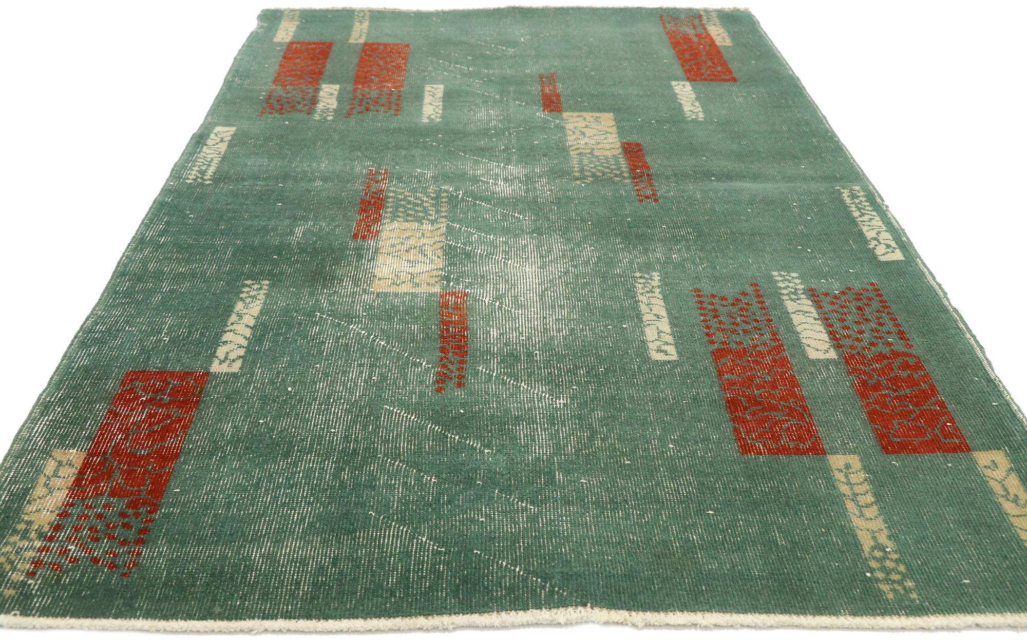 Hand-Knotted Zeki Müren Distressed Vintage Turkish Sivas Rug with Linear Abstract Style For Sale