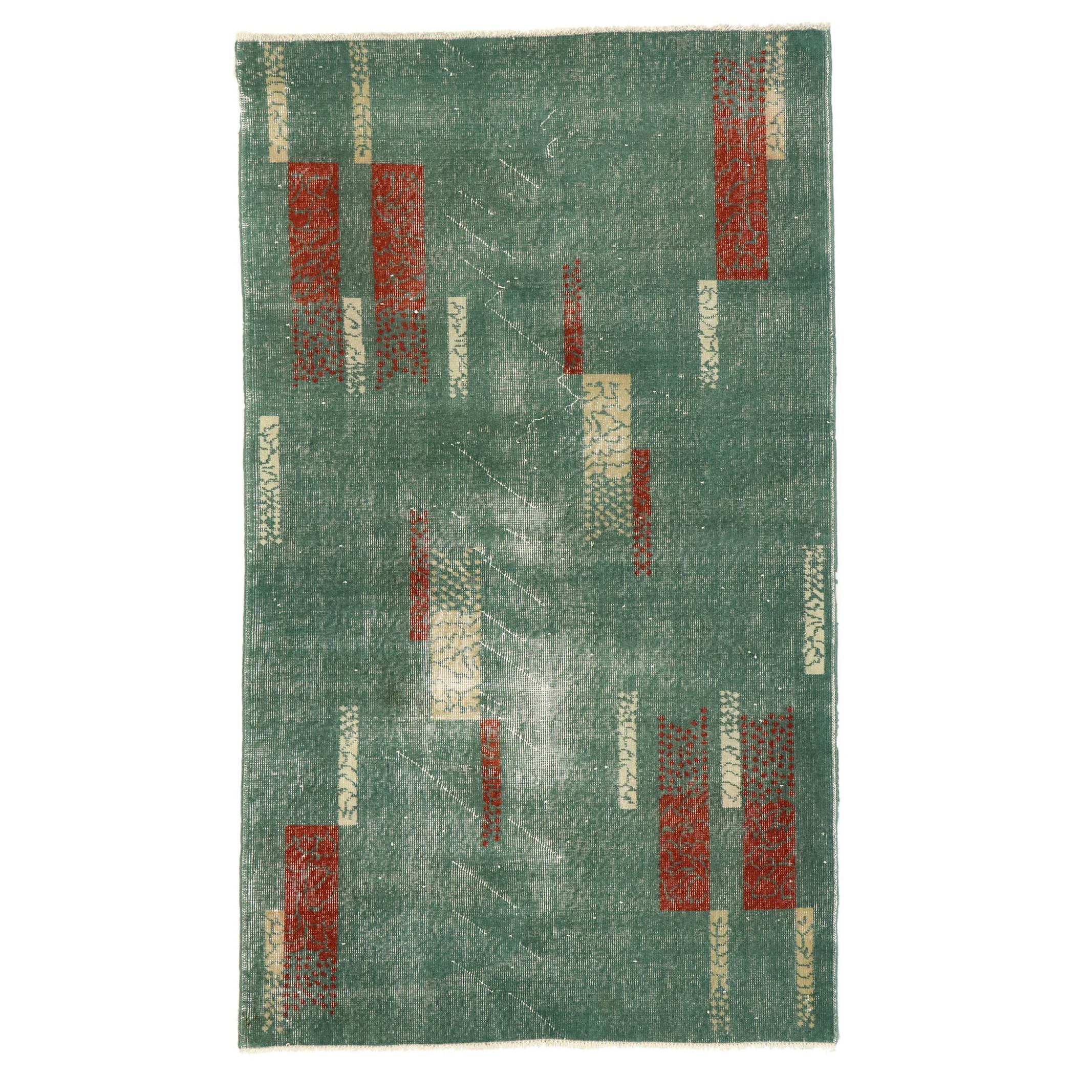Zeki Müren Distressed Vintage Turkish Sivas Rug with Linear Abstract Style For Sale