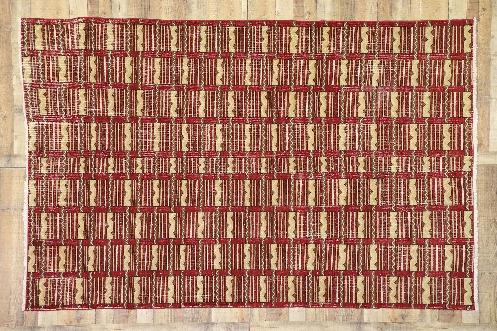 Wool Zeki Muren Distressed Vintage Turkish Sivas Rug with Modern Art Deco Style For Sale