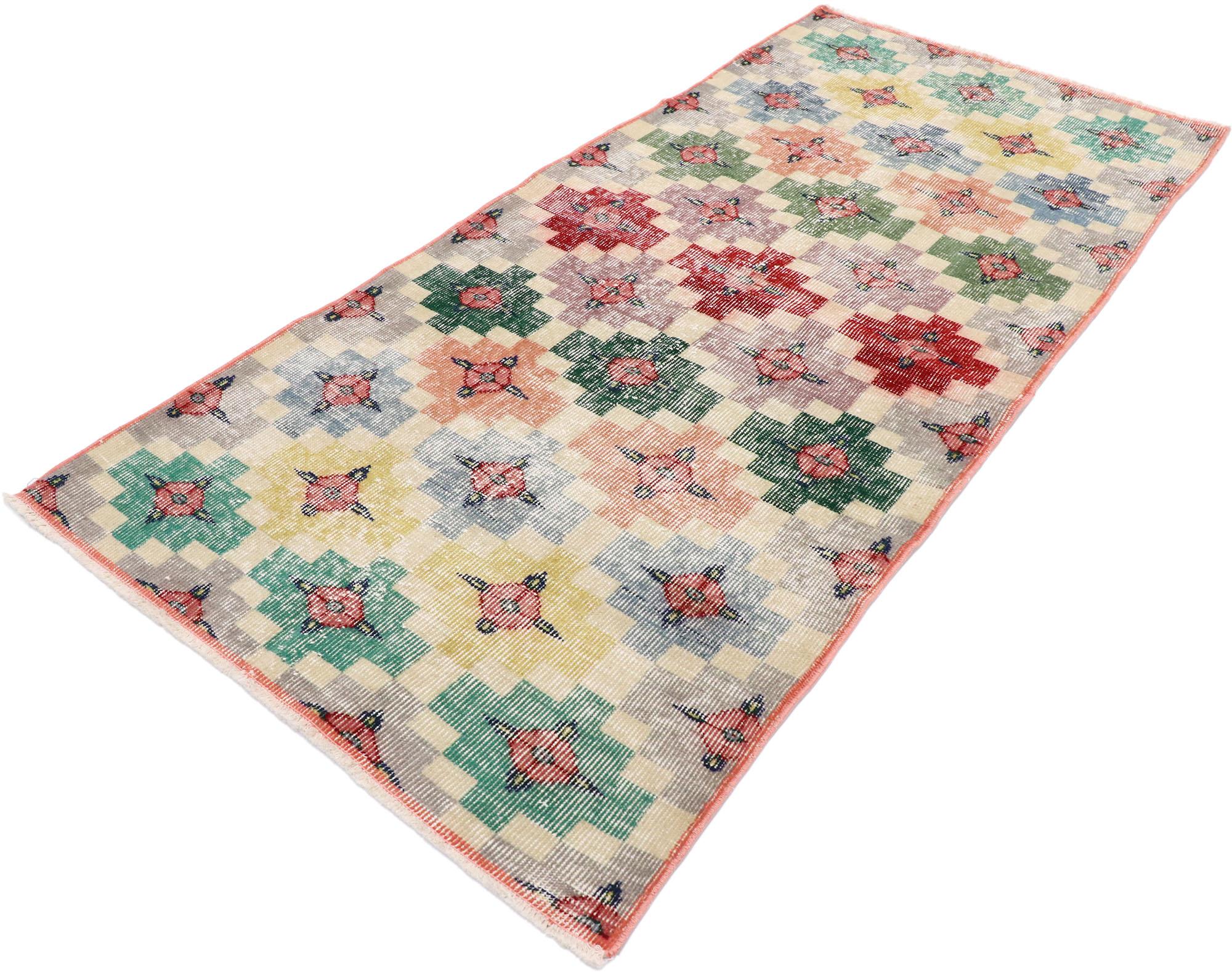 53348, Zeki Muren distressed vintage Turkish Sivas rug with Postmodern Cubism style. Displaying a bold form in vibrant colors, this hand knotted wool distressed vintage Turkish Sivas rug features an all-over adventurous geometric pattern. The