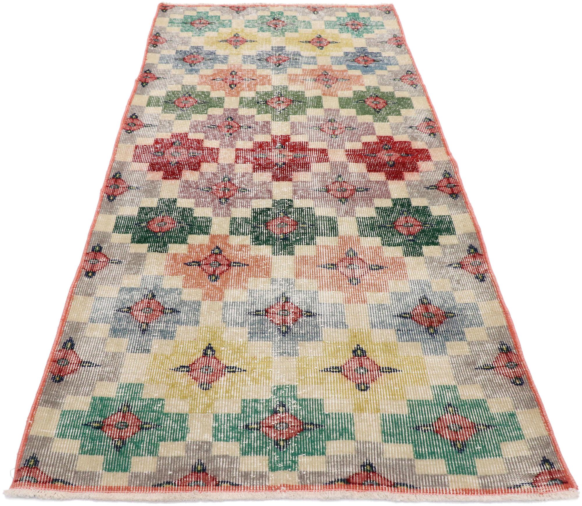 Mid-Century Modern Zeki Muren Distressed Vintage Turkish Sivas Rug with Postmodern Cubism Style For Sale