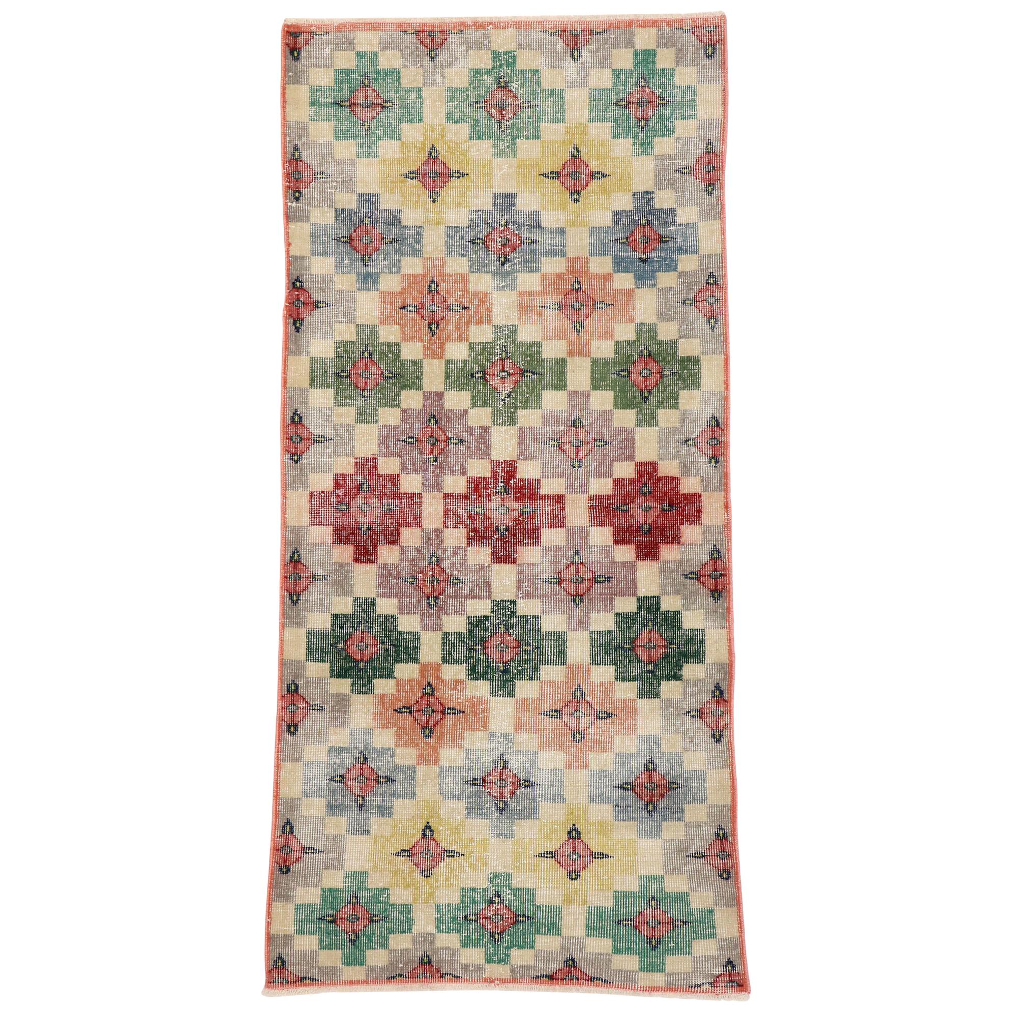 Zeki Muren Distressed Vintage Turkish Sivas Rug with Postmodern Cubism Style For Sale