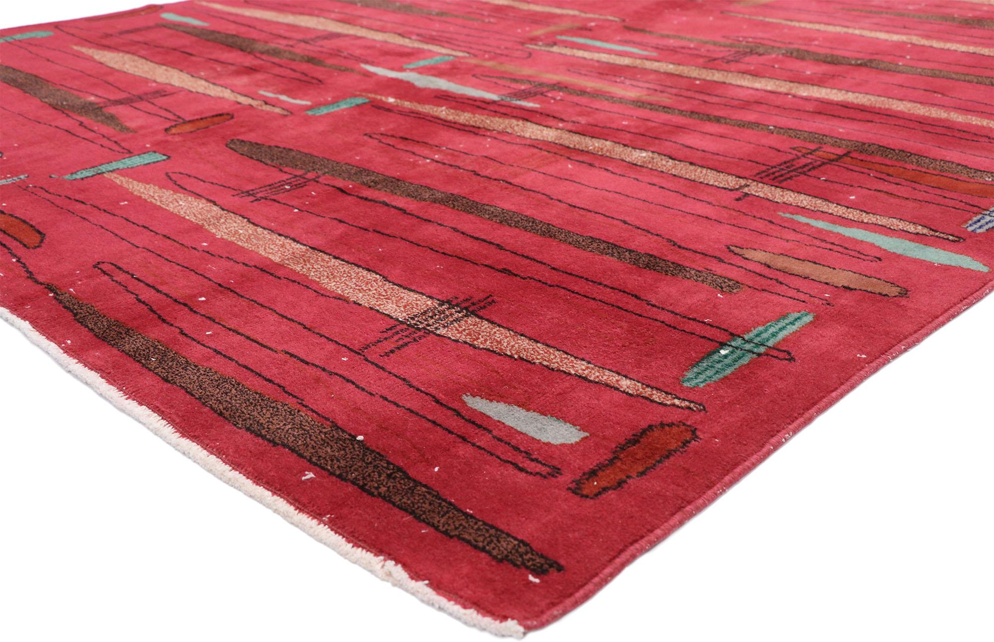 52592 Zeki Muren Distressed Vintage Turkish Sivas Rug with Retro Art Deco Style. With its geometric pattern, bold form and vibrant colors, this hand knotted wool distressed vintage Turkish Sivas rug beautifully highlights true Art Deco style. The