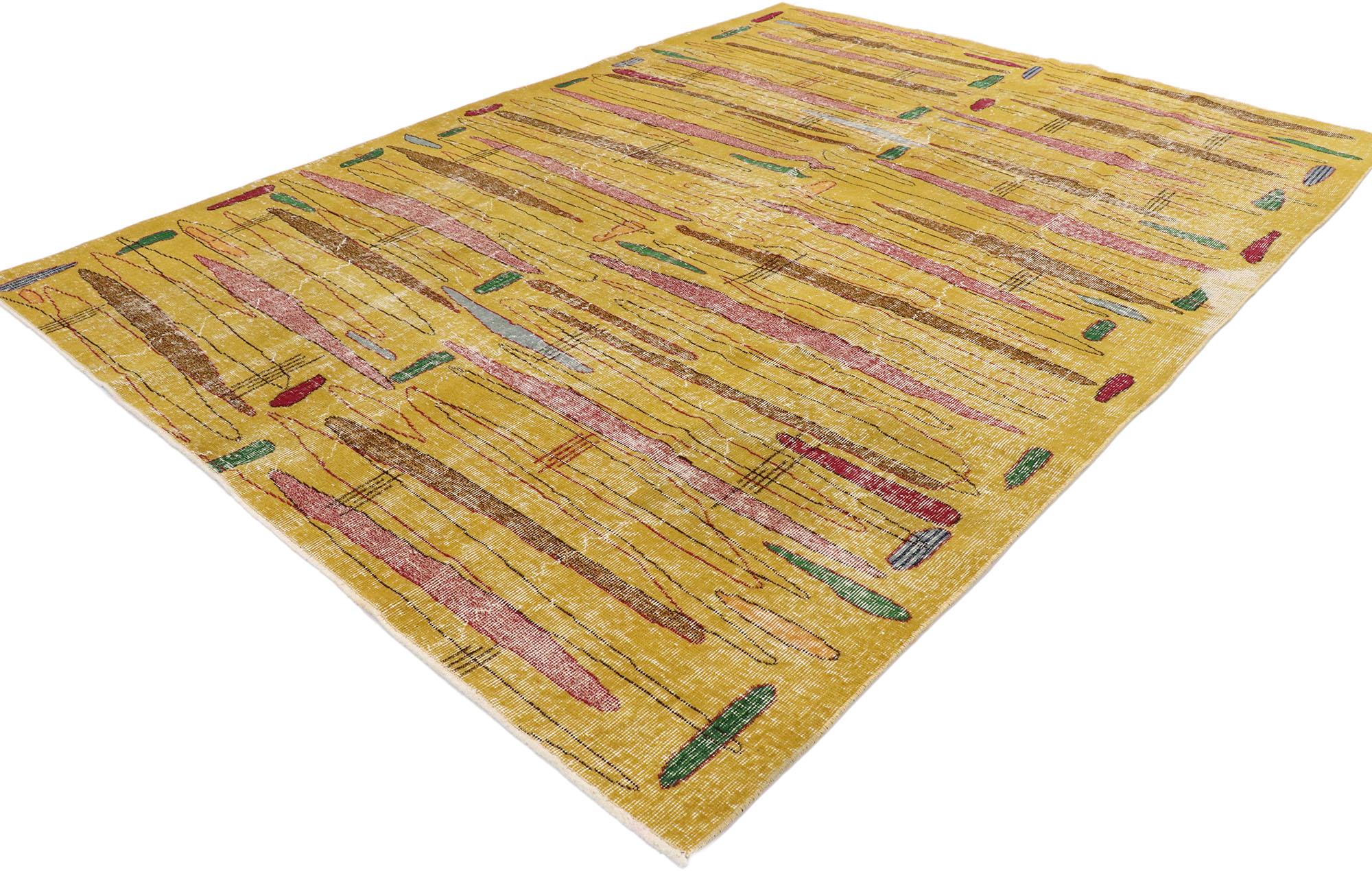 53276 Zeki Muren distressed vintage Turkish Sivas rug with Retro Art Deco style. With its geometric pattern, bold form and vibrant colors, this hand knotted wool distressed vintage Turkish Sivas rug beautifully highlights true Art Deco style. The