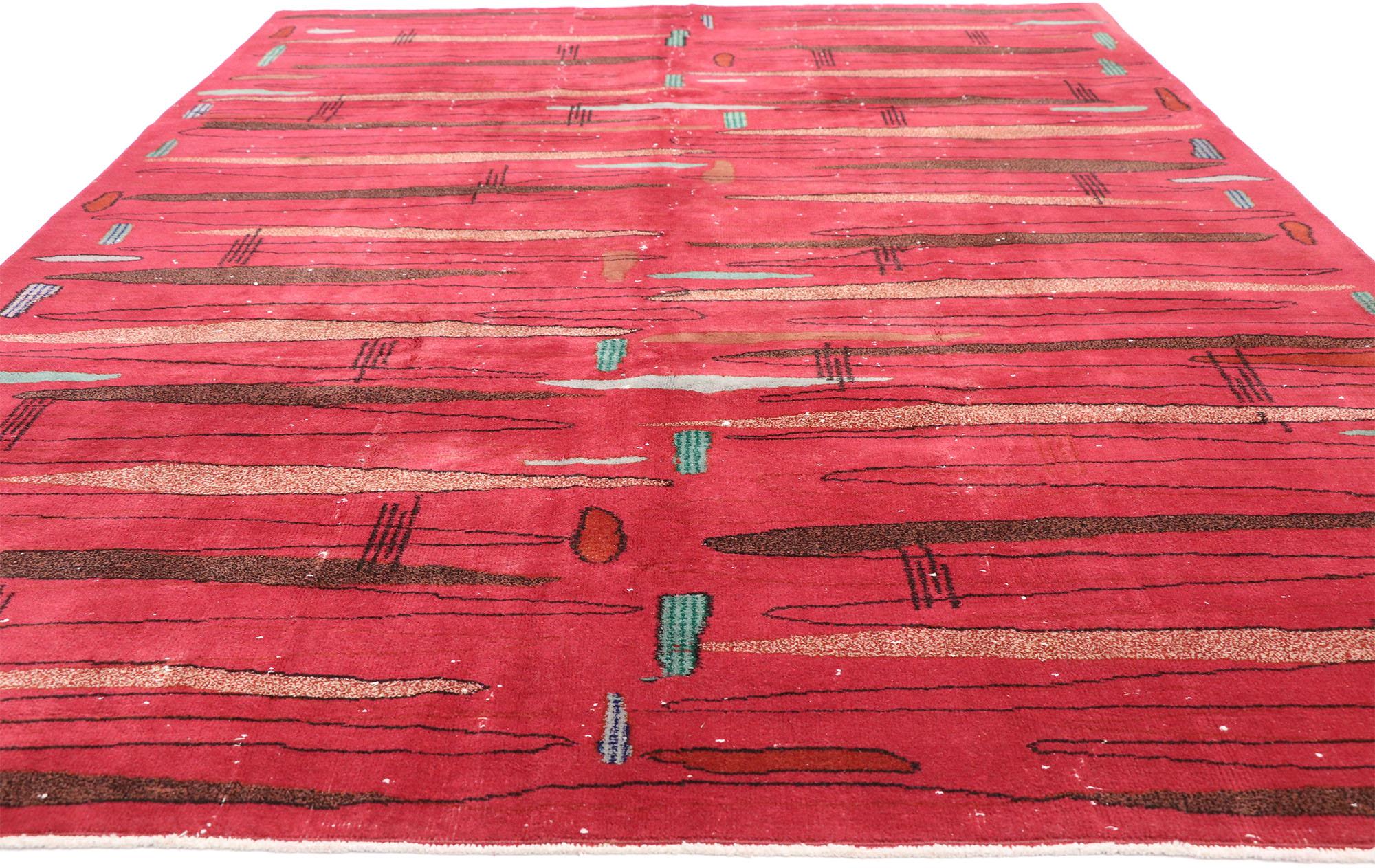 Hand-Knotted Zeki Muren Distressed Vintage Turkish Sivas Rug with Retro Art Deco Style For Sale