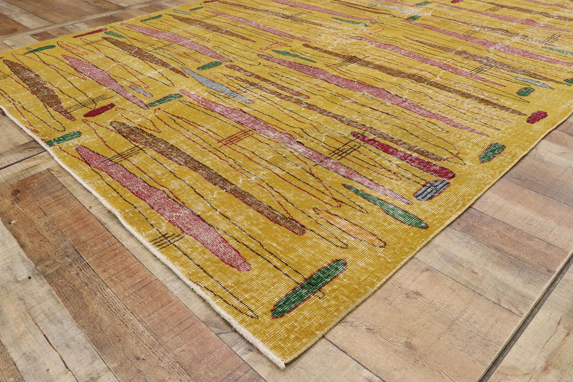 Wool Zeki Muren Distressed Vintage Turkish Sivas Rug with Retro Art Deco Style For Sale