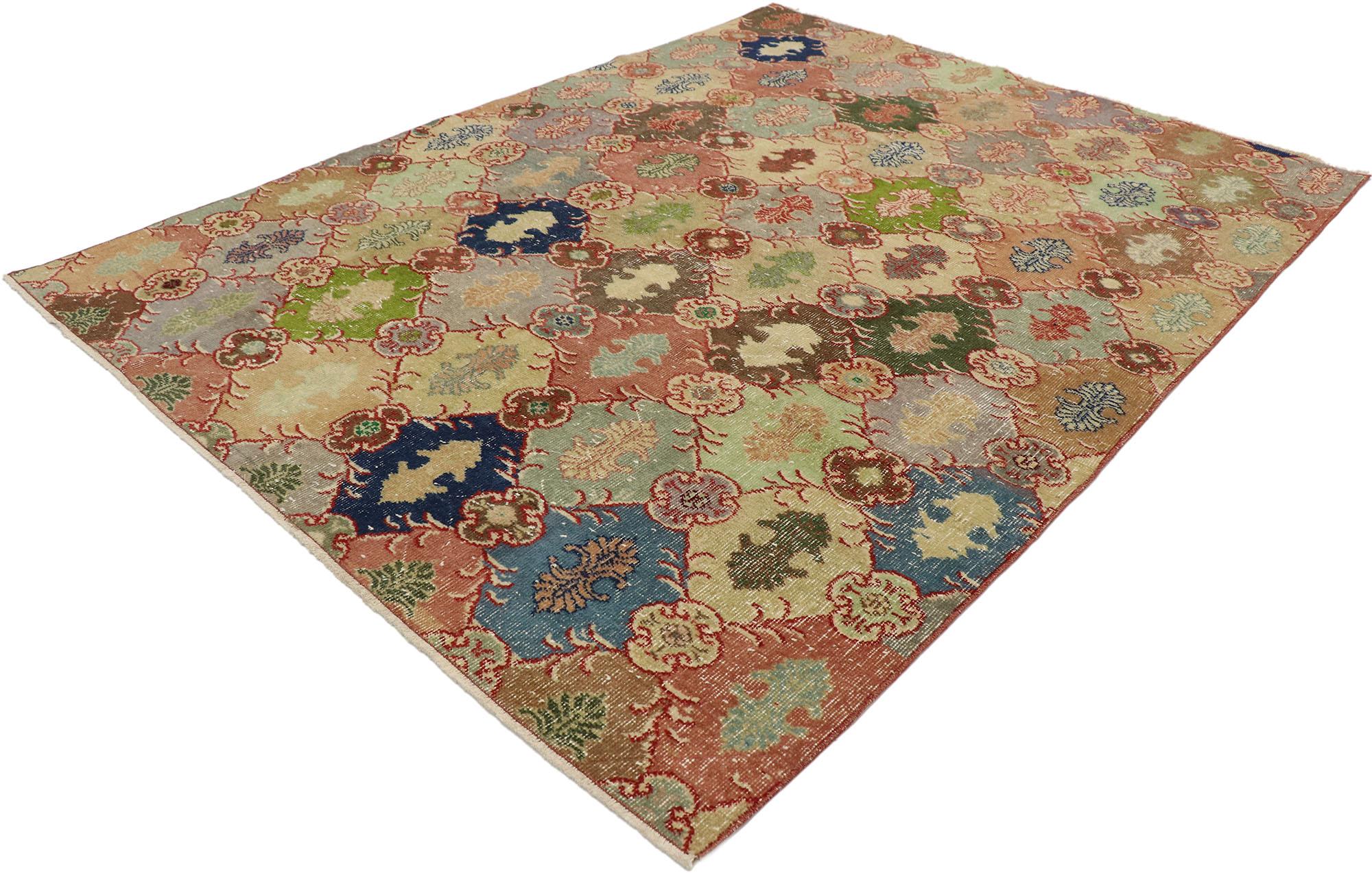 53227 Zeki Muren distressed vintage Turkish Sivas rug with rustic Arts & Crafts style. Displaying well-balanced asymmetry and bold geometric shapes in vibrant earth-tone colors, this hand knotted wool vintage Turkish Sivas rug beautifully embodies