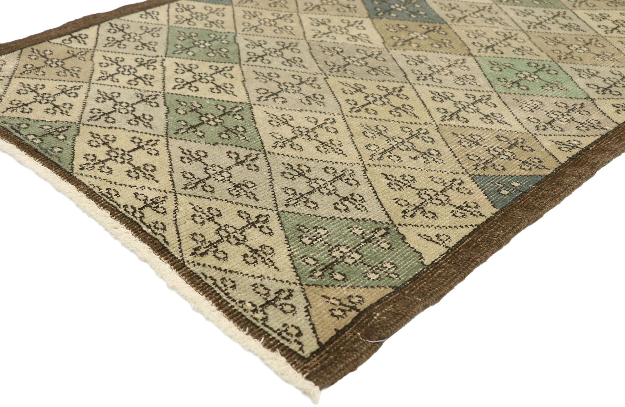 51011 Zeki Muren distressed vintage Turkish Sivas rug with Swedish Farmhouse style 02'09 X 06'05. Lovingly timeworn with Gustavian grace, this hand knotted wool distressed Turkish Sivas rug beautifully embodies a Swedish Farmhouse style. The field
