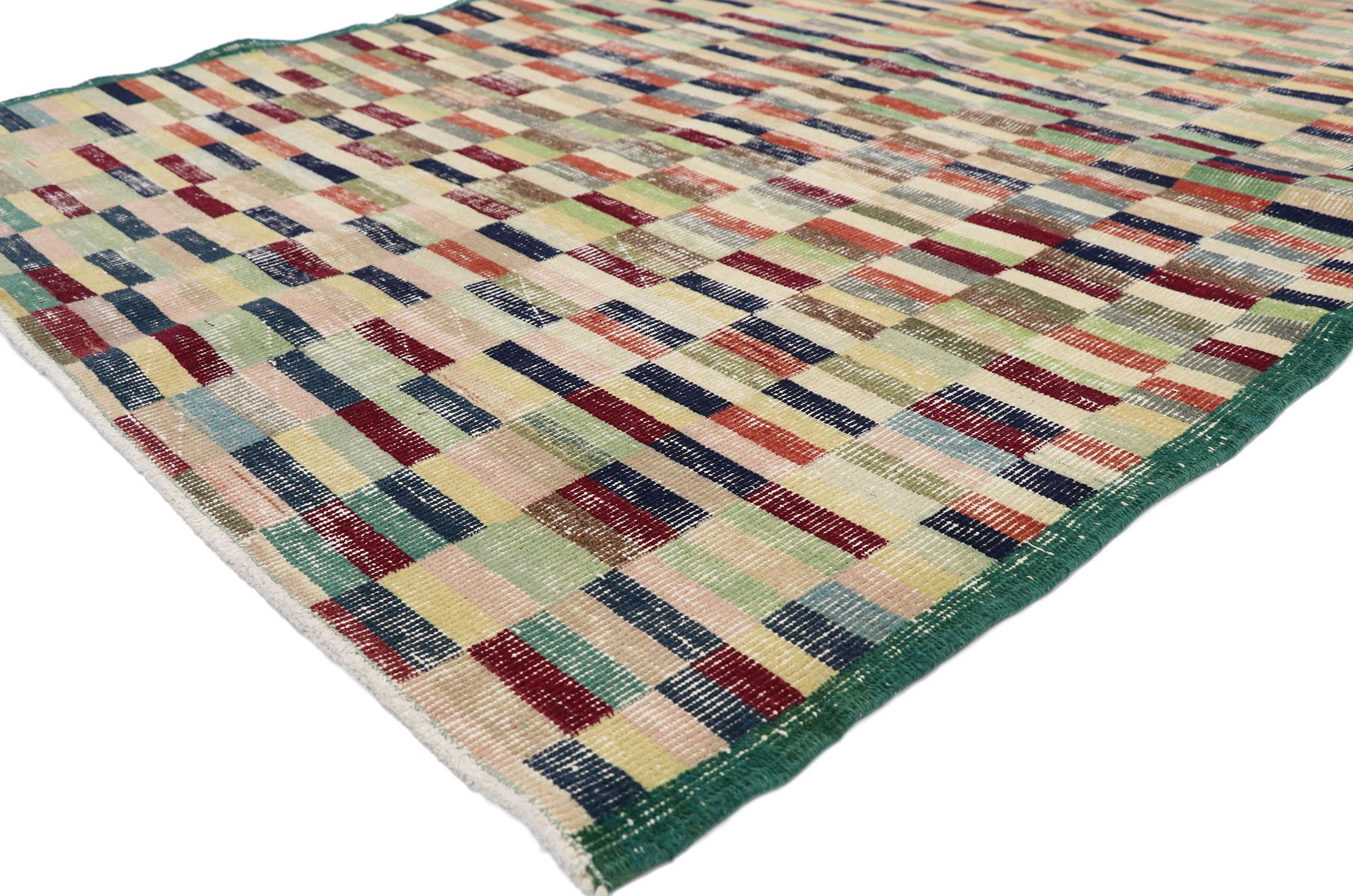 52601 Zeki Muren distressed vintage Turkish Sivas runner with cubism Art Deco style. Warm and inviting combined with a bold pattern, this hand knotted wool distressed vintage Turkish Sivas runner embodies bold Art Deco style with a modern artisan