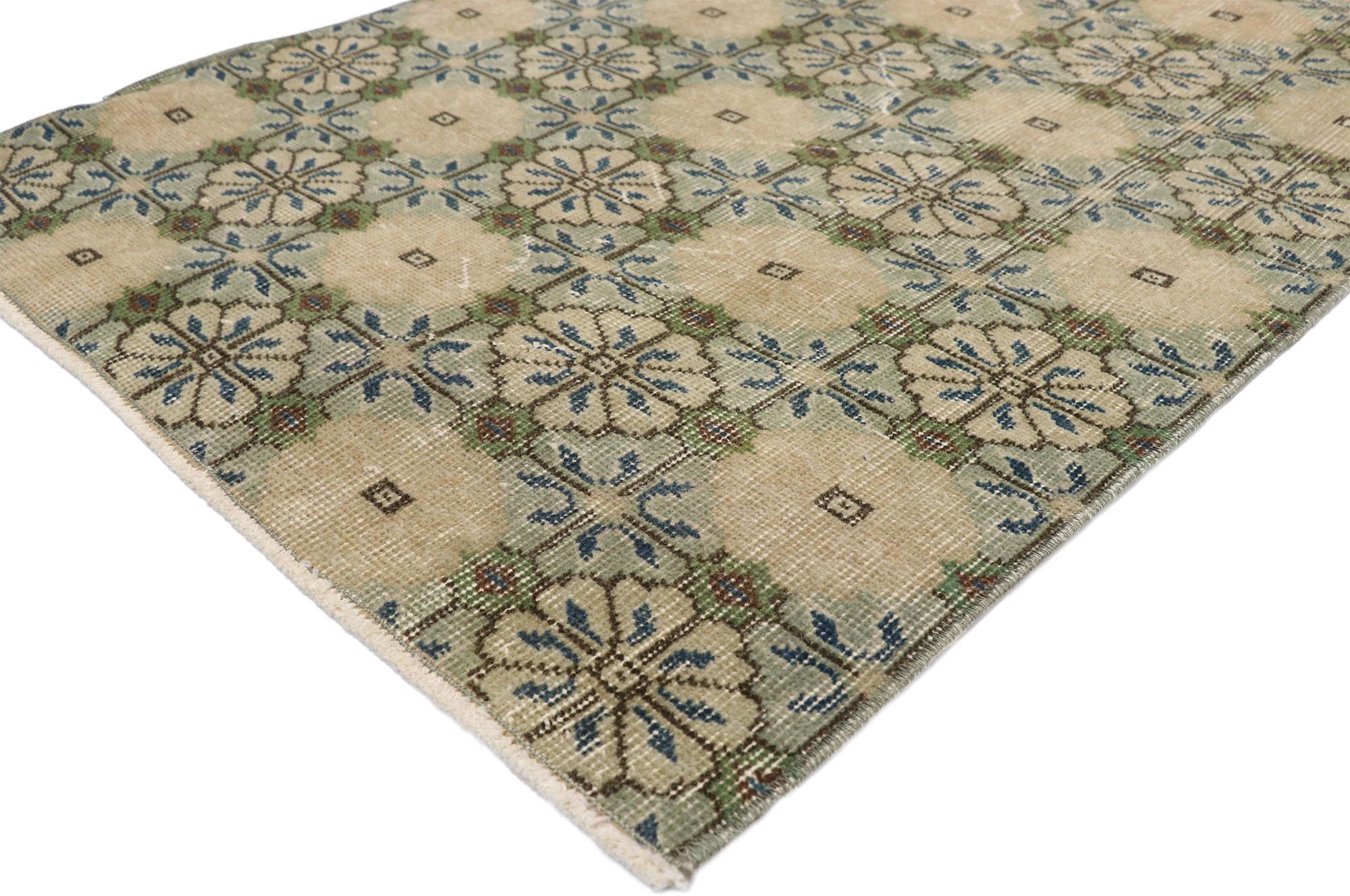 52597 Zeki Muren distressed vintage Turkish Sivas runner with Swedish Farmhouse style. Lovingly timeworn with Gustavian grace, this hand knotted wool distressed Turkish Sivas runner beautifully embodies a Swedish Farmhouse style. The field is