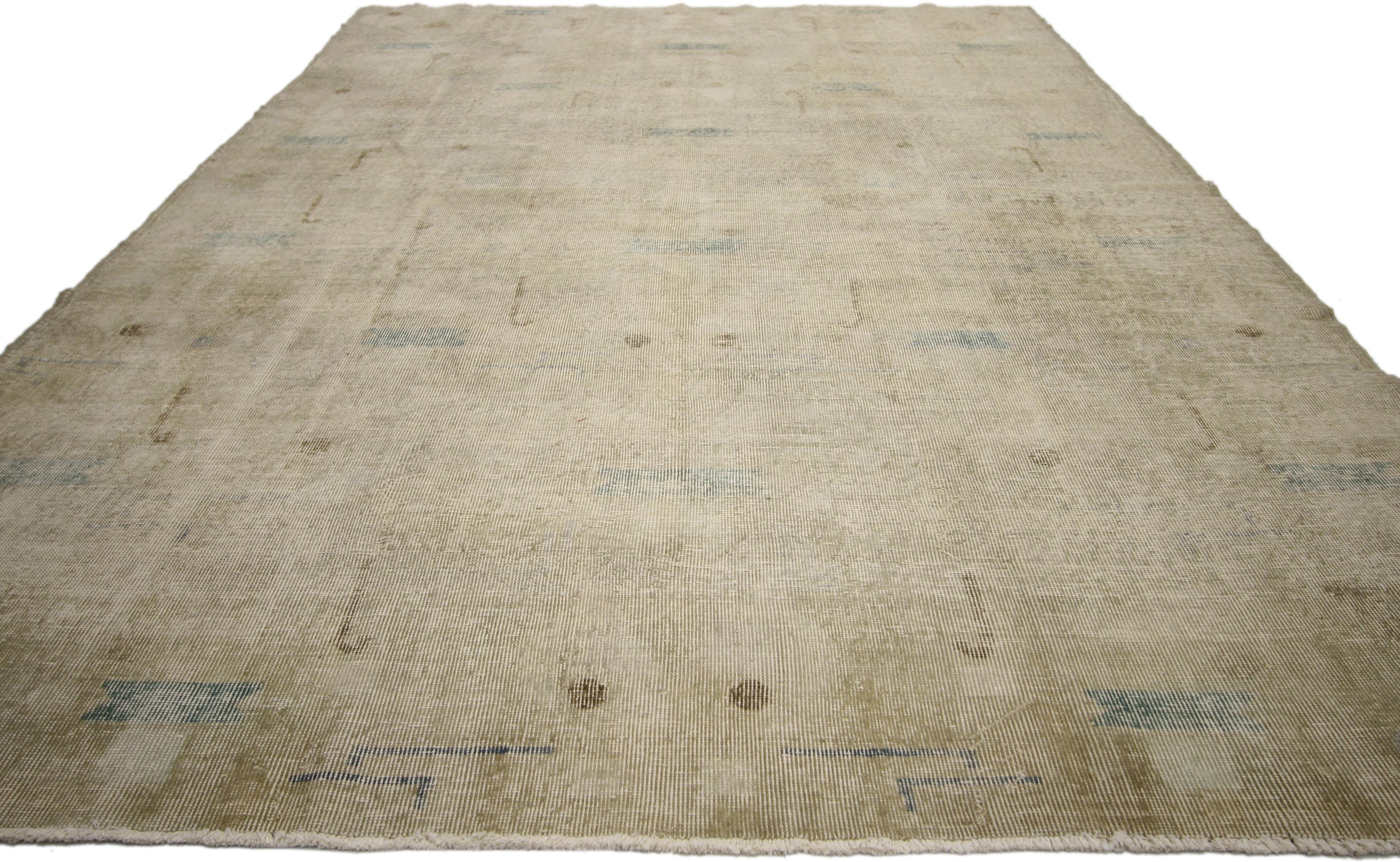 51158, Distressed Sivas rug with Industrial Art Deco style with muted colors. Understated elegance meets geometric dynamism in this distressed vintage Turkish Sivas rug with Industrial Art Deco style. Infused with the aesthetic of famed Turkish