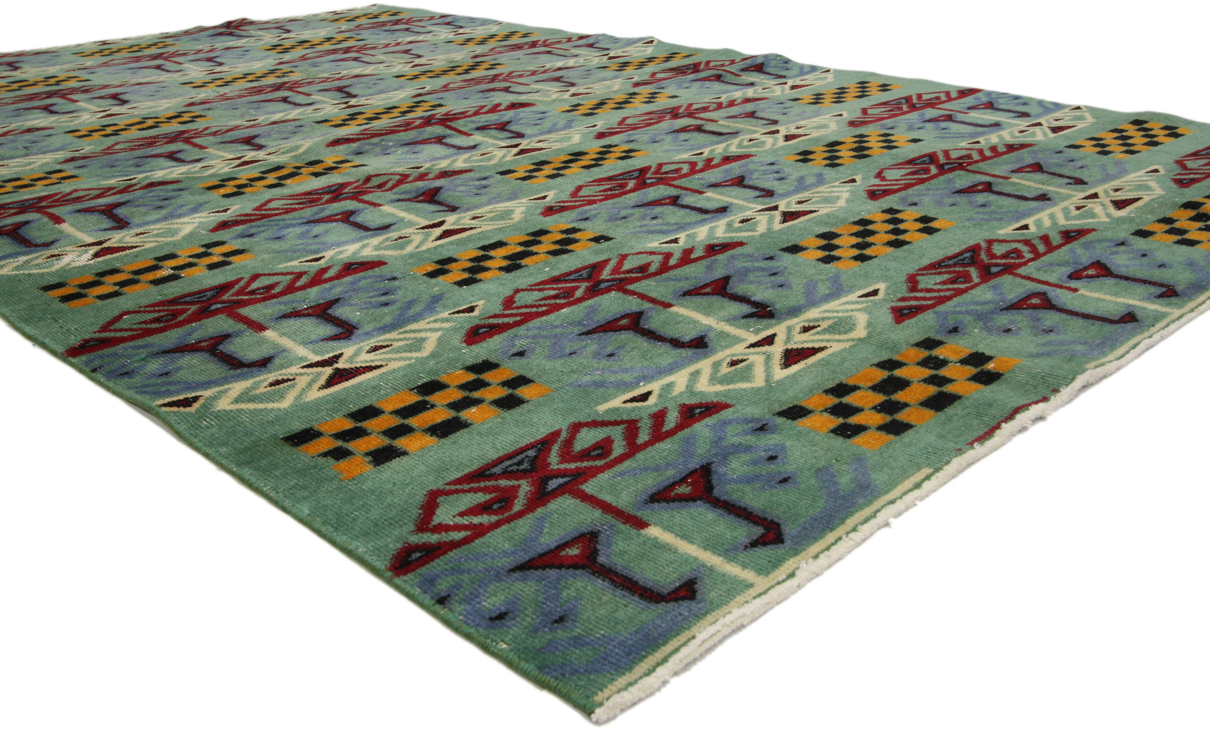 51328 Zeki Muren Distressed Vintage Turkish Sivas Rug with Art Deco Cubism Style 05'08 x 08'11. The bold geometric pattern and contrasting colors woven into this hand knotted wool distressed vintage Turkish Sivas rug work together creating a truly