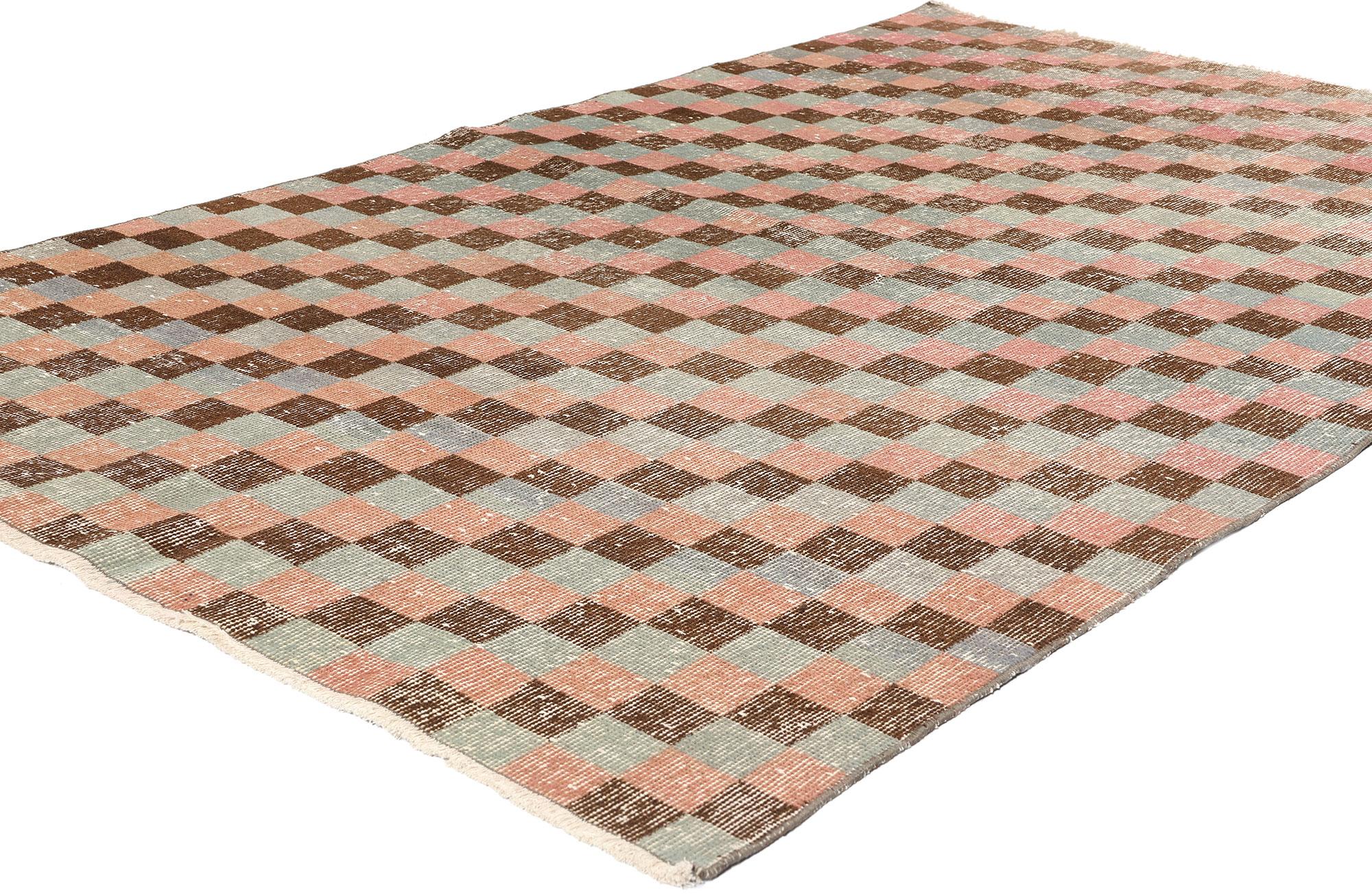 53275 Zeki Muren Distressed Vintage Turkish Sivas Rug, 04'02 x 06'08. Nestled within the serene landscapes of Turkey's Sivas region, Zeki Muren Turkish Sivas rugs honor the legacy of the inspiring Turkish singer. Renowned for their impeccable