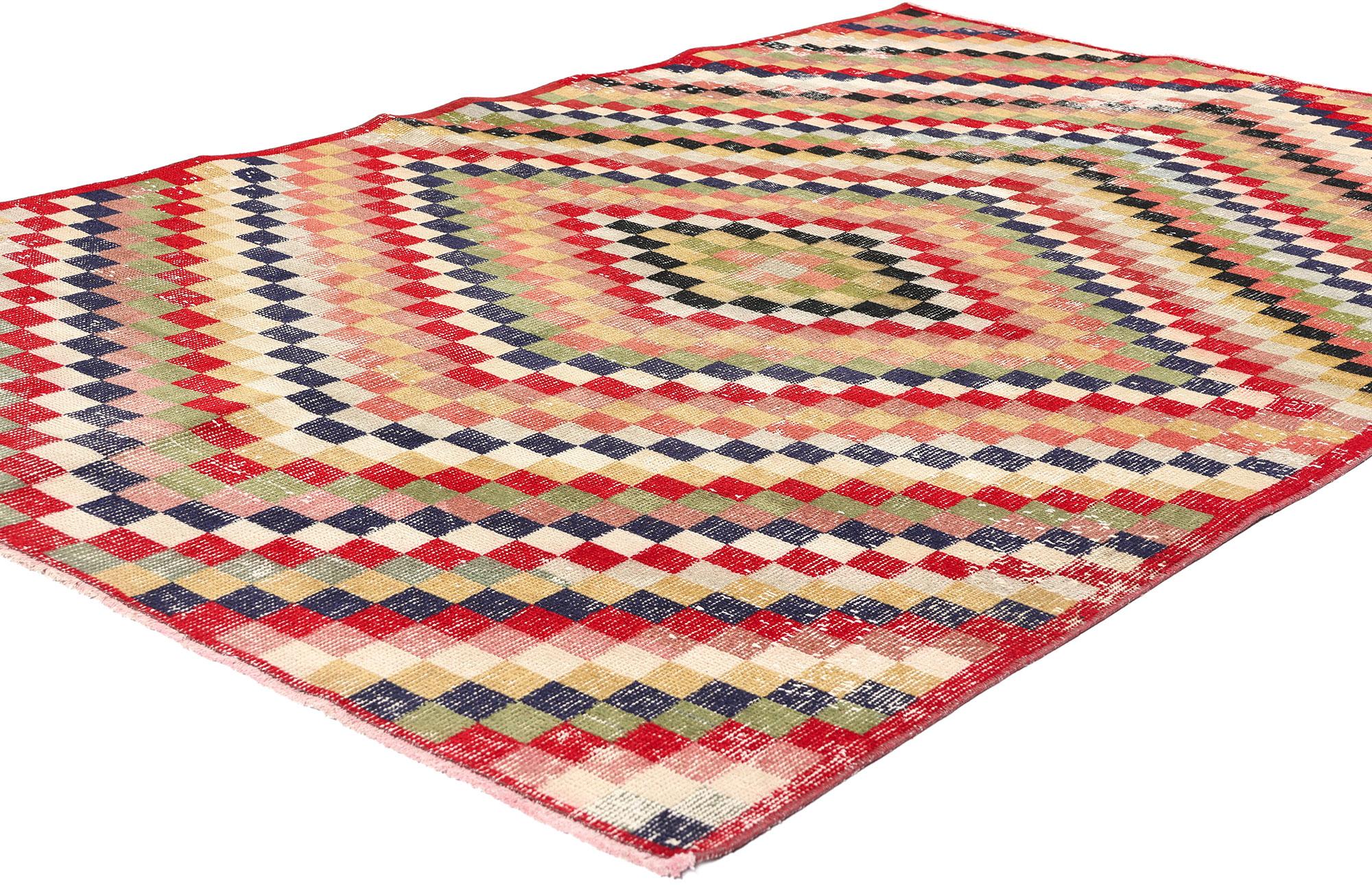 53323 Zeki Muren Distressed Vintage Turkish Sivas Rug, 04'11 x 07'04. Nestled within the tranquil landscapes of Turkey's Sivas region, Zeki Muren Turkish Sivas rugs honor the legacy of the esteemed Turkish singer who continues to inspire. Celebrated