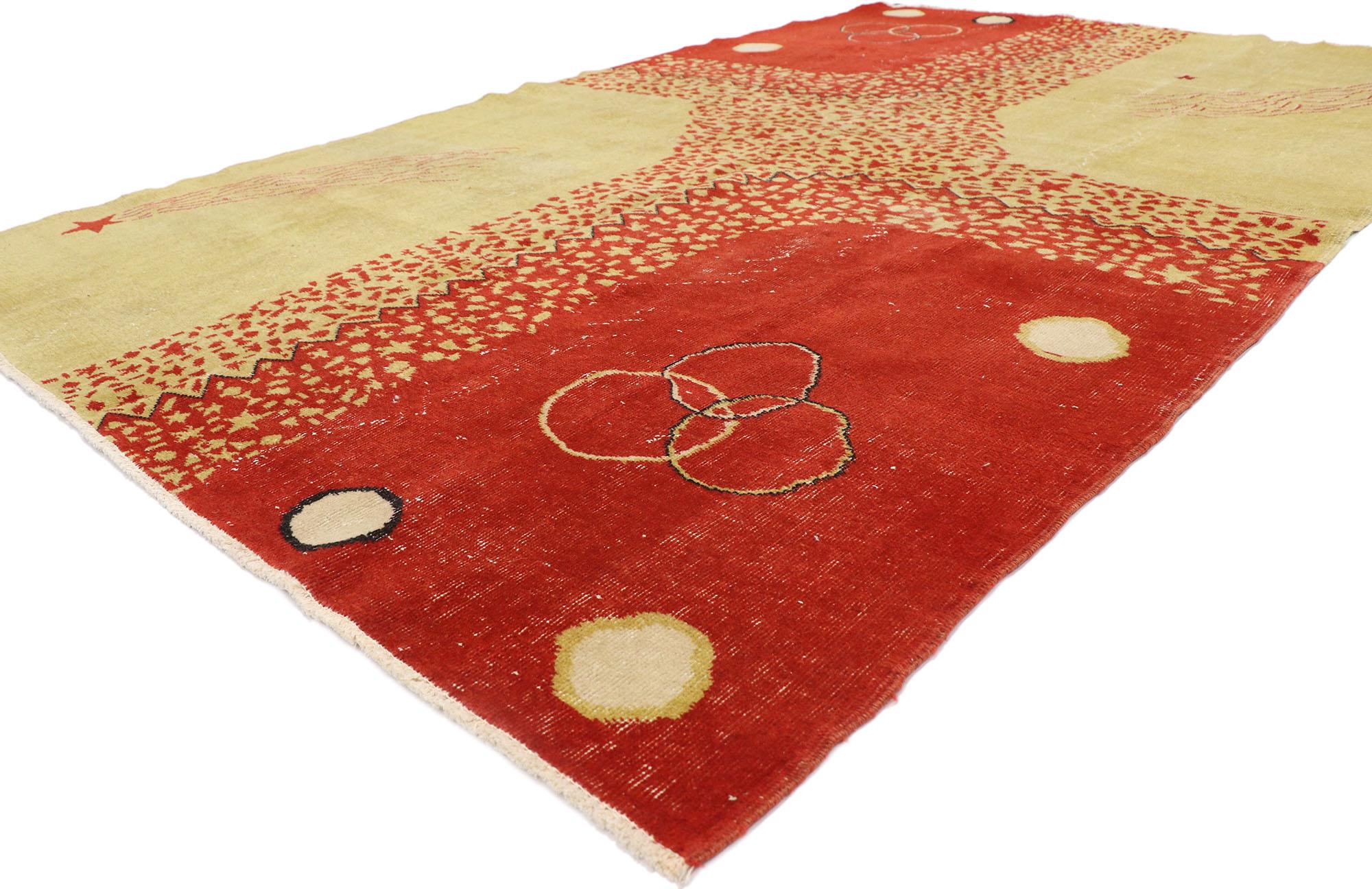 53663 Zeki Muren vintage Turkish Sivas rug inspired by Wassily Kandinsky 06'06 x 09'11. Drawing inspiration from Wassily Kandinsky and Abstract Expressionism, this hand-knotted wool Zeki Muren vintage Turkish Sivas rug is a captivating vision of