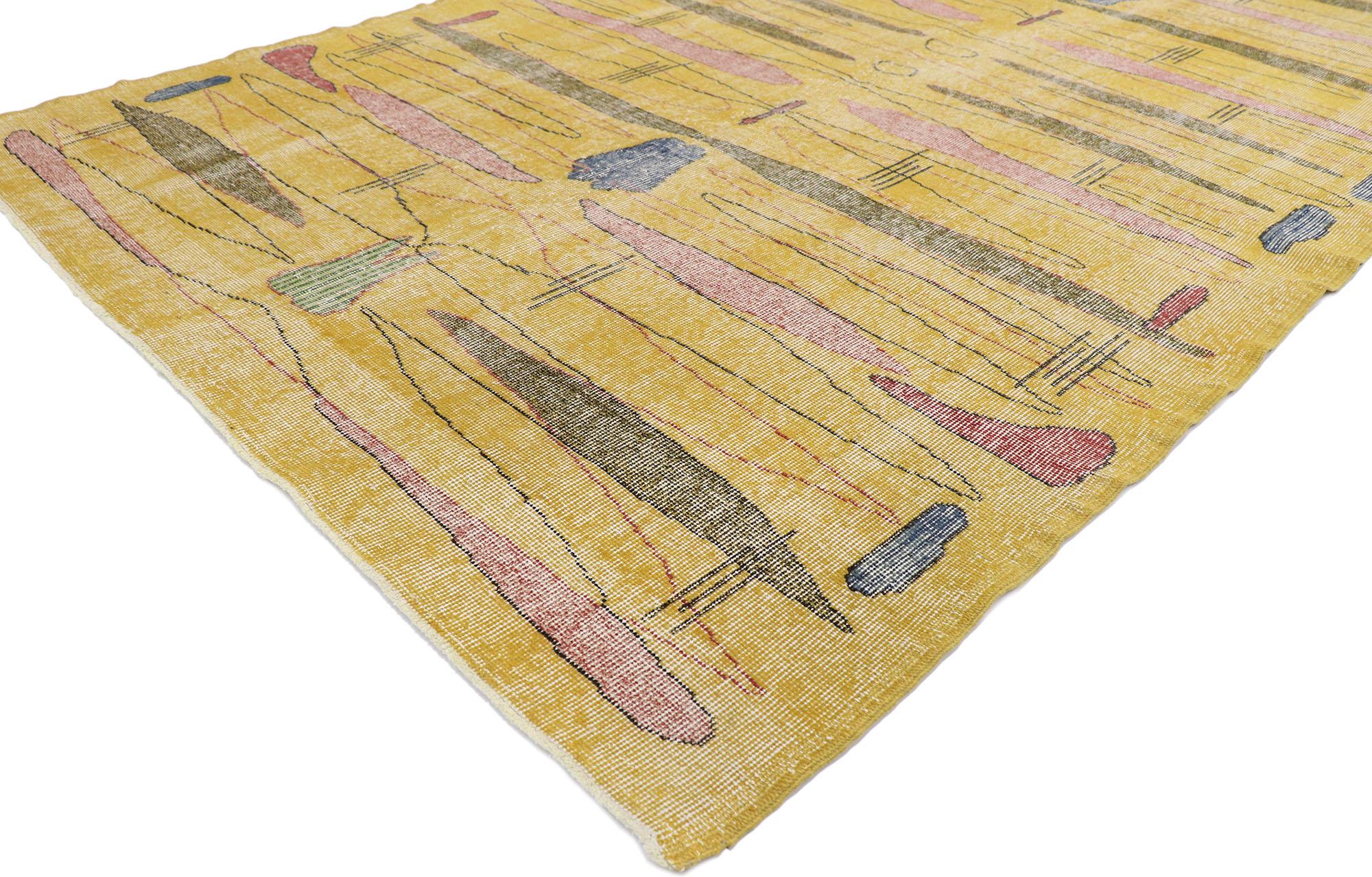 53557, Zeki Muren vintage Turkish Sivas rug with Abstract Expressionist style. The bold geometric pattern and vibrant colors woven into this hand knotted wool Zeki Muren distressed vintage Turkish Sivas rug work together creating a truly unique