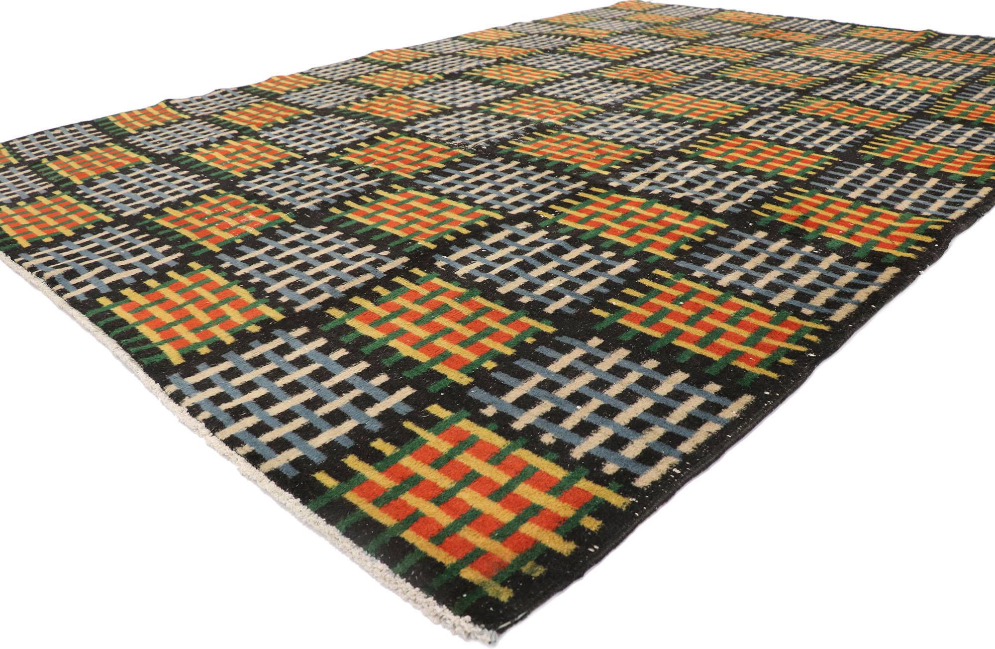 53665 Zeki Muren Vintage Turkish Sivas Rug Inspired by Gunta Stölzl 07'00 x 09'10. Showcasing a bold expressive design, incredible detail and texture, this hand knotted wool Zeki Muren vintage Turkish Sivas rug is a captivating vision of woven