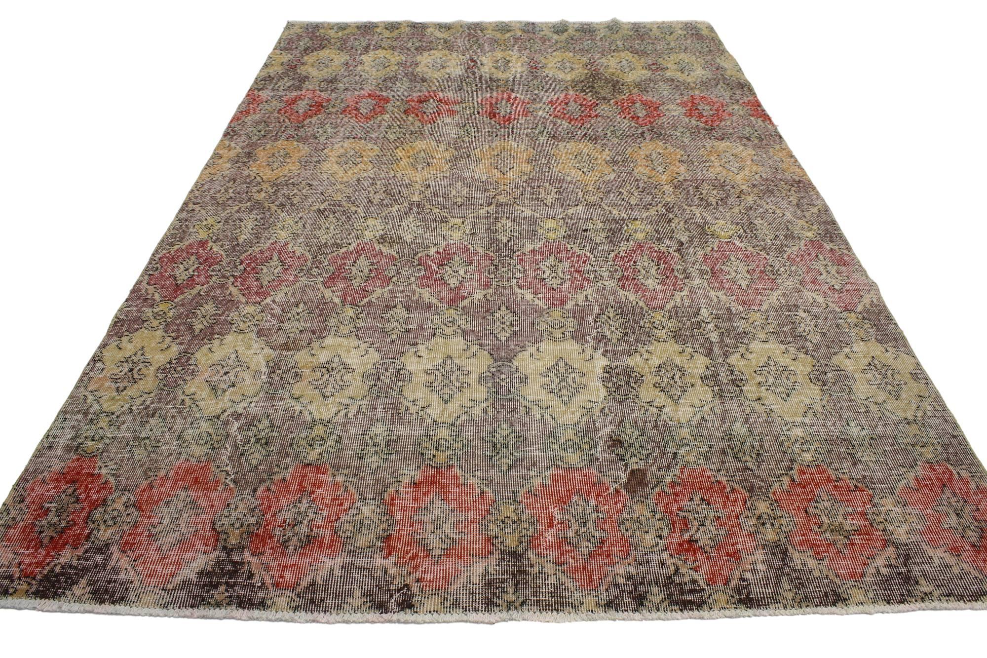 52006, Zeki Muren Distressed Vintage Turkish Sivas Rug With Industrial Art Deco Style, 06'00 x 08'11. This distressed vintage Turkish Sivas rug with modern Industrial Art Deco style features an all-over geometric pattern in warm earth-tone colors.