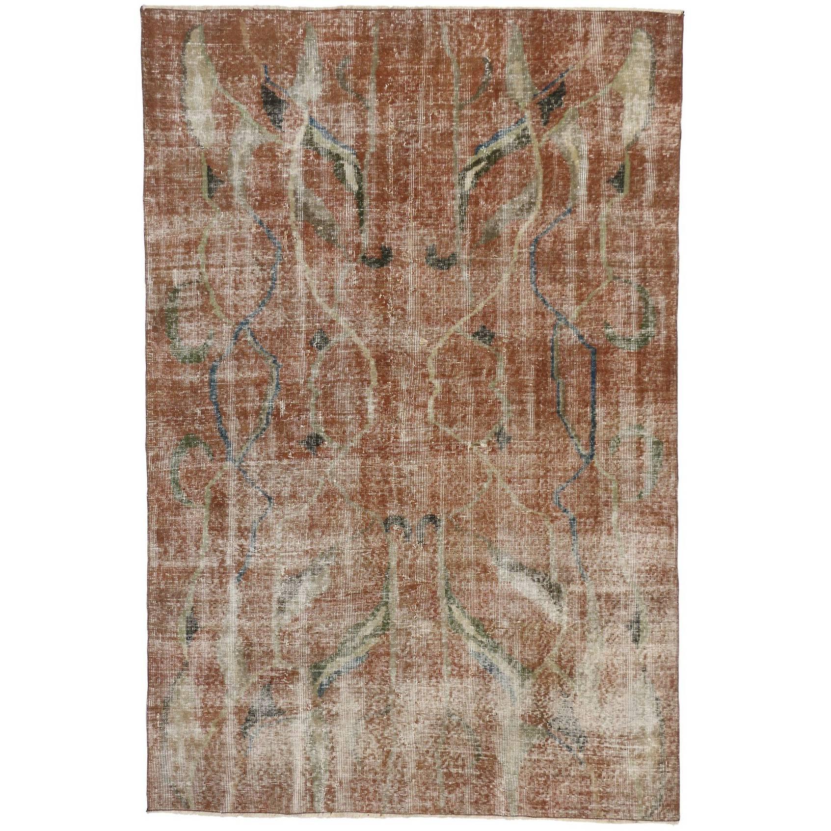 Zeki Muren, Distressed Vintage Turkish Sivas Rug with Industrial Art Deco Style