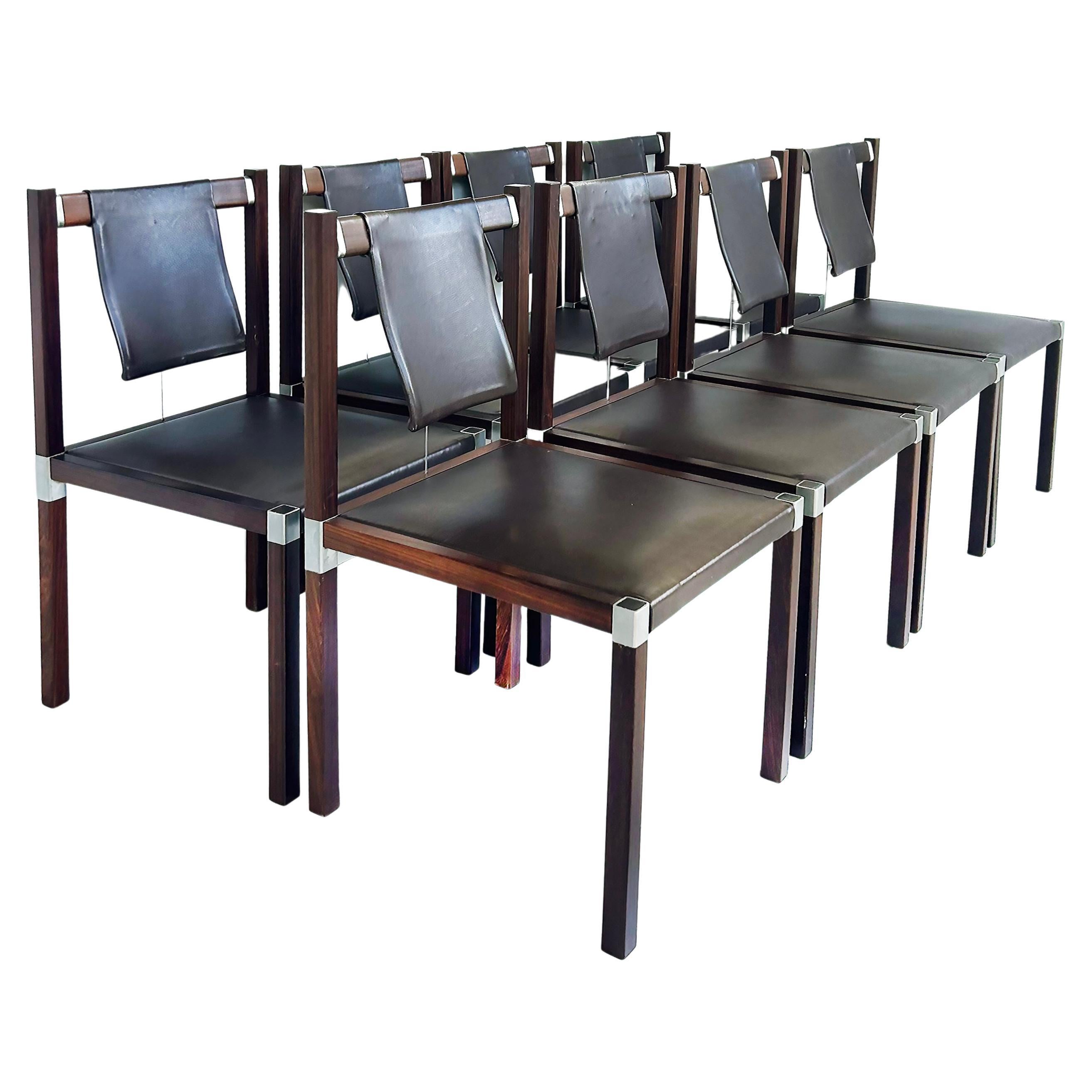 Zele "Marcus & Alexis" Dining Chairs in Leather, Stainless and Wood, Set of 8 For Sale