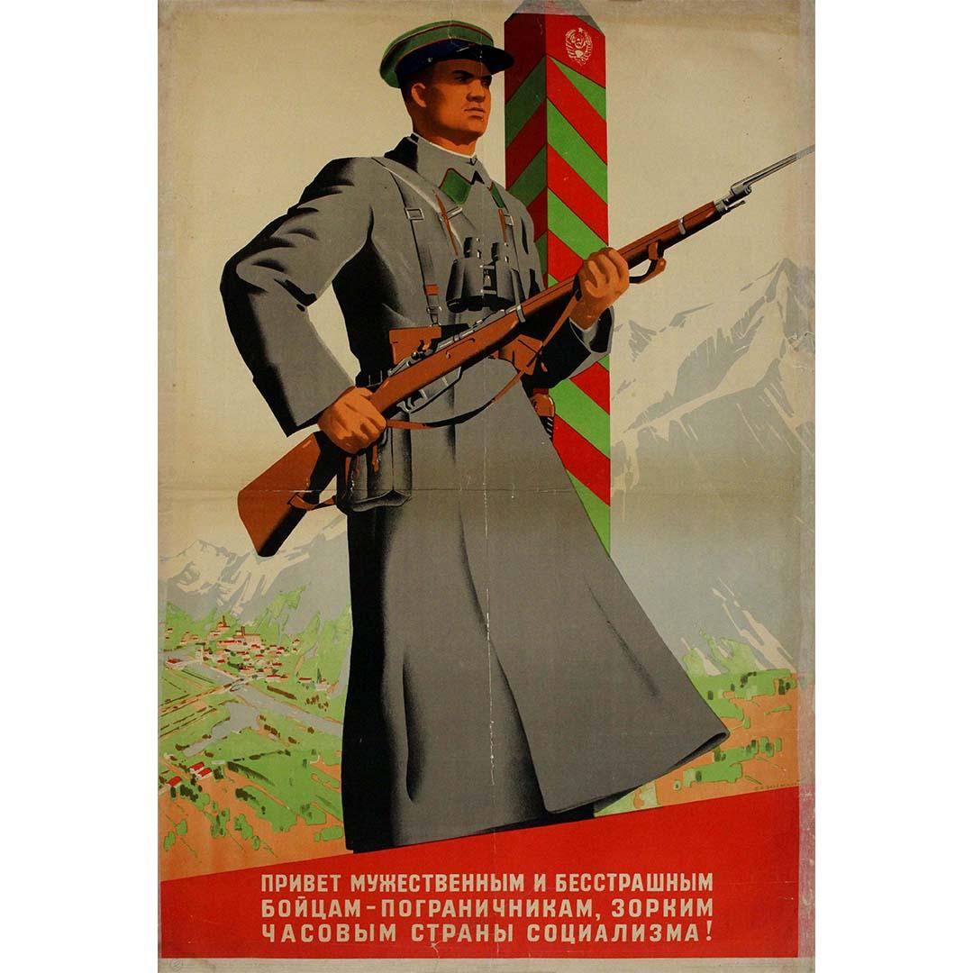 The 1939 original propaganda poster by Zelenskii, titled "Salut au combattants courageux et sans peur - Garde frontières, sentinelles du pays du socialisme!" is a compelling artifact from the era of Soviet propaganda. This striking poster