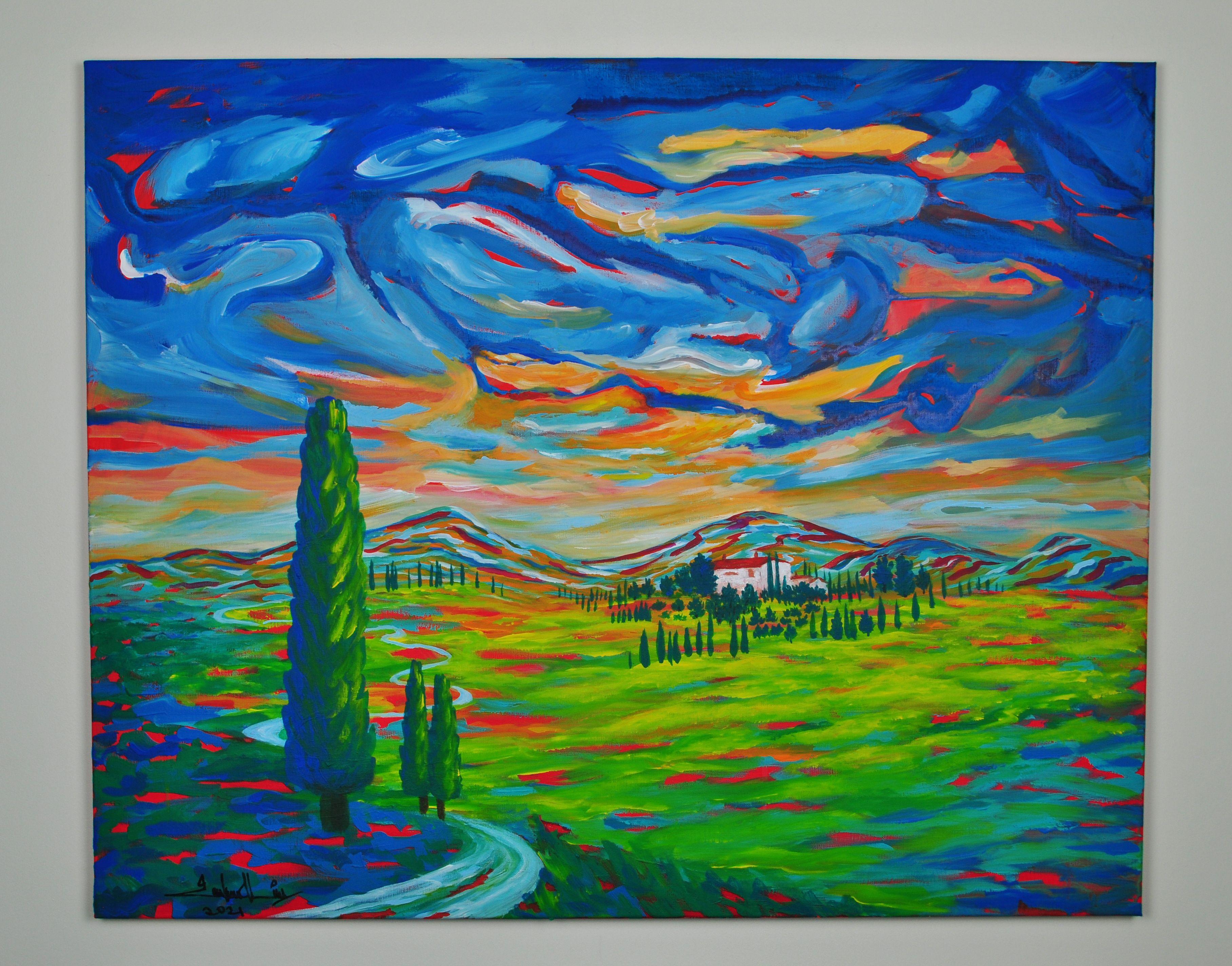 Inspiriert von der Landschaft der Toskana. Dieses Gemälde fängt die wahre Atmosphäre der Toskana ein. Sie malte es mit kräftigen Farben und lockeren Pinselstrichen. Ihr Malstil ist der â€žZufallsrealismusâ€œ. Es ist vom Impressionismus inspiriert