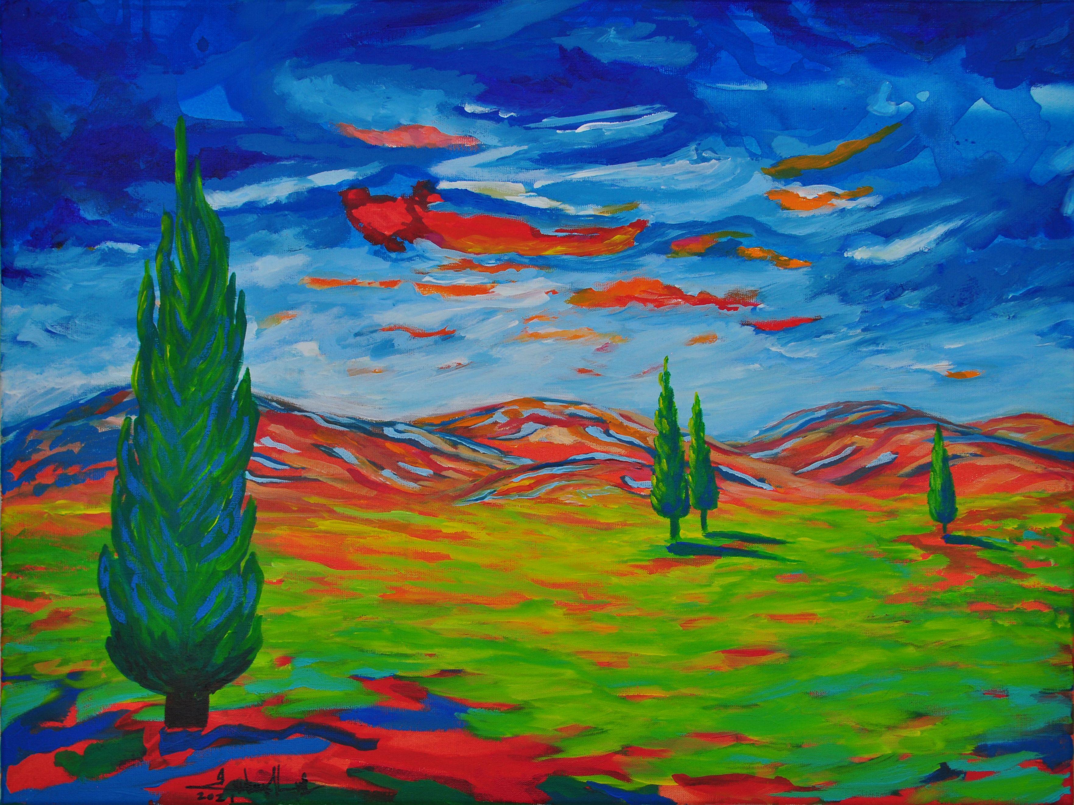 This painting captures the true atmosphere of Tuscany. Its where she has walked and driven endlessly in search of inspiration.  To create a compelling perspective, allowing cypress trees to blend in the magical landscape she used bold colours and