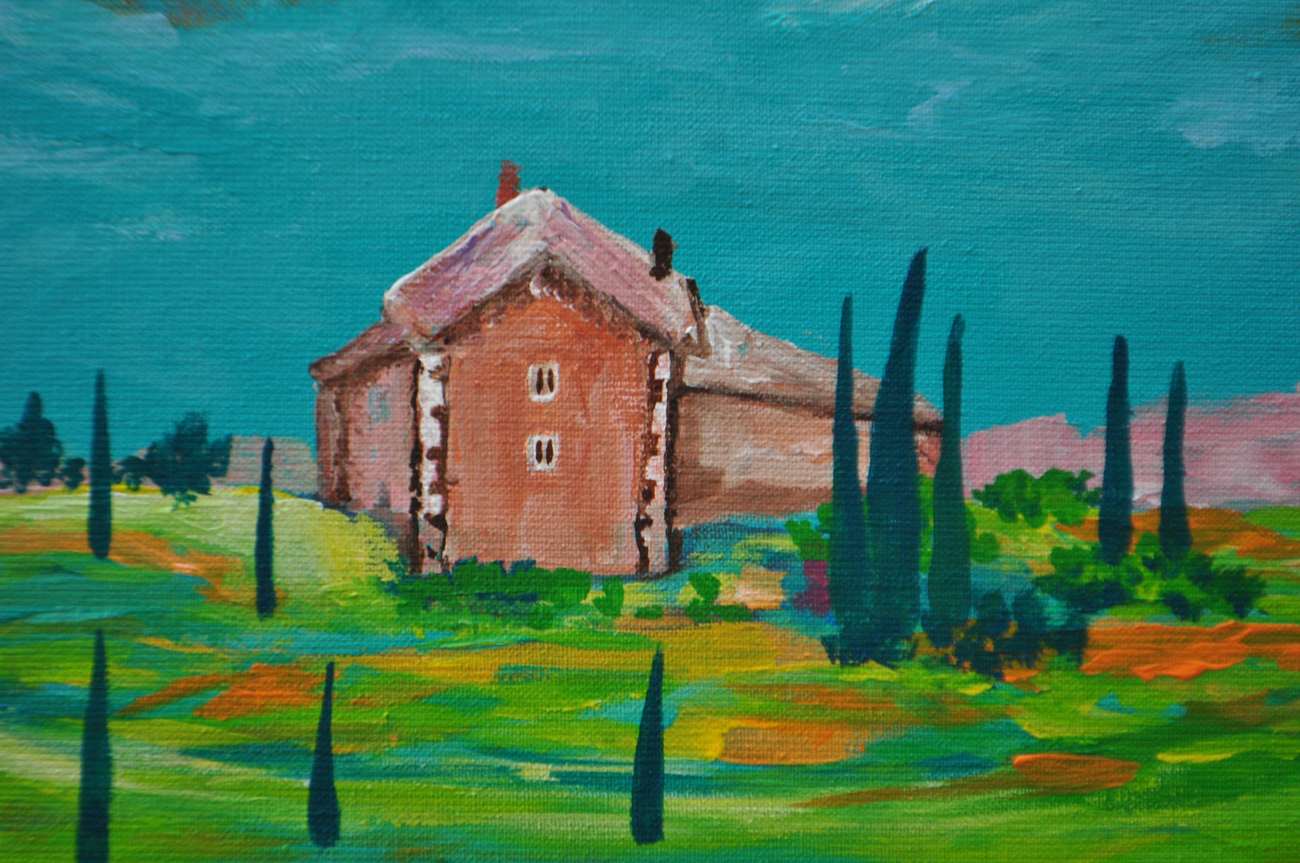 Cette peinture lui a été inspirée par sa dernière visite en Toscane. Cette ferme se trouvait dans le Val dâ€™Orcia. Tous les cyprès sont soigneusement structurés autour de la maison. C'était visuellement parfait pour peindre. Deux maisons ont été