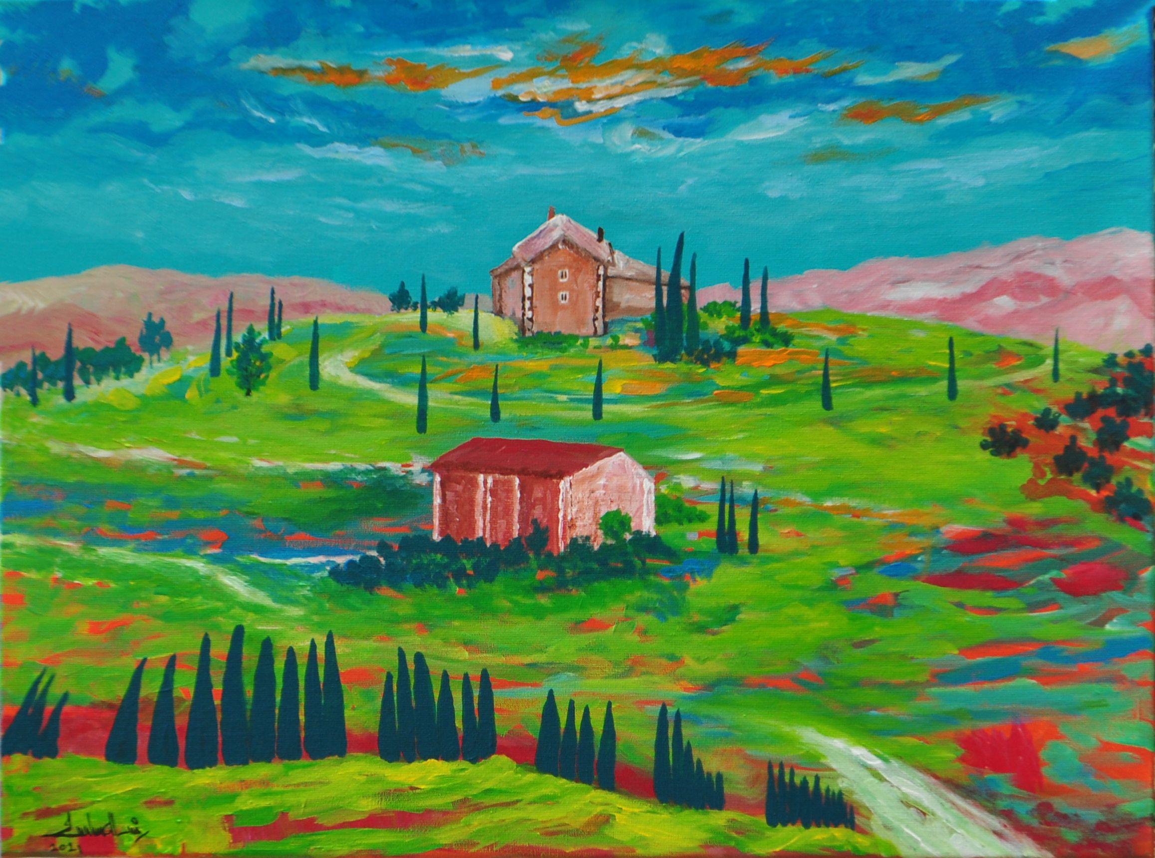 This painting was inspired by her latest visit to Tuscany. This farm house was in Val dâ€™Orcia. All the cypress trees are carefully structured around the house. It was visually perfect to paint. Two houses were painted in perfect geometric aspects,