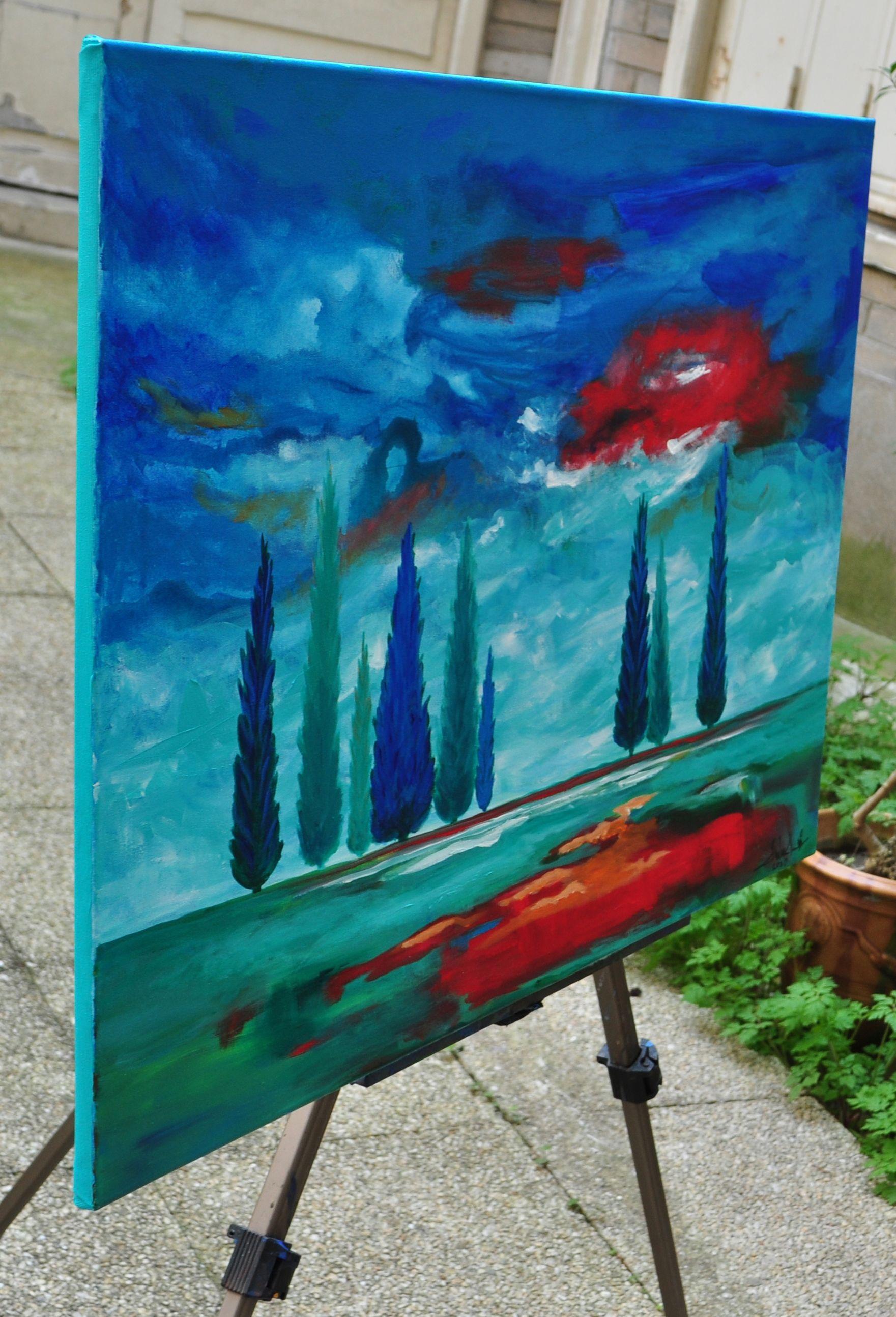Questo quadro è stato ispirato dall'insolito paesaggio della Toscana: cipressi dritti e incrociati si diffondono artisticamente nelle valli della Val d'Orcia.    I colori sono stati scelti dallo stile 
