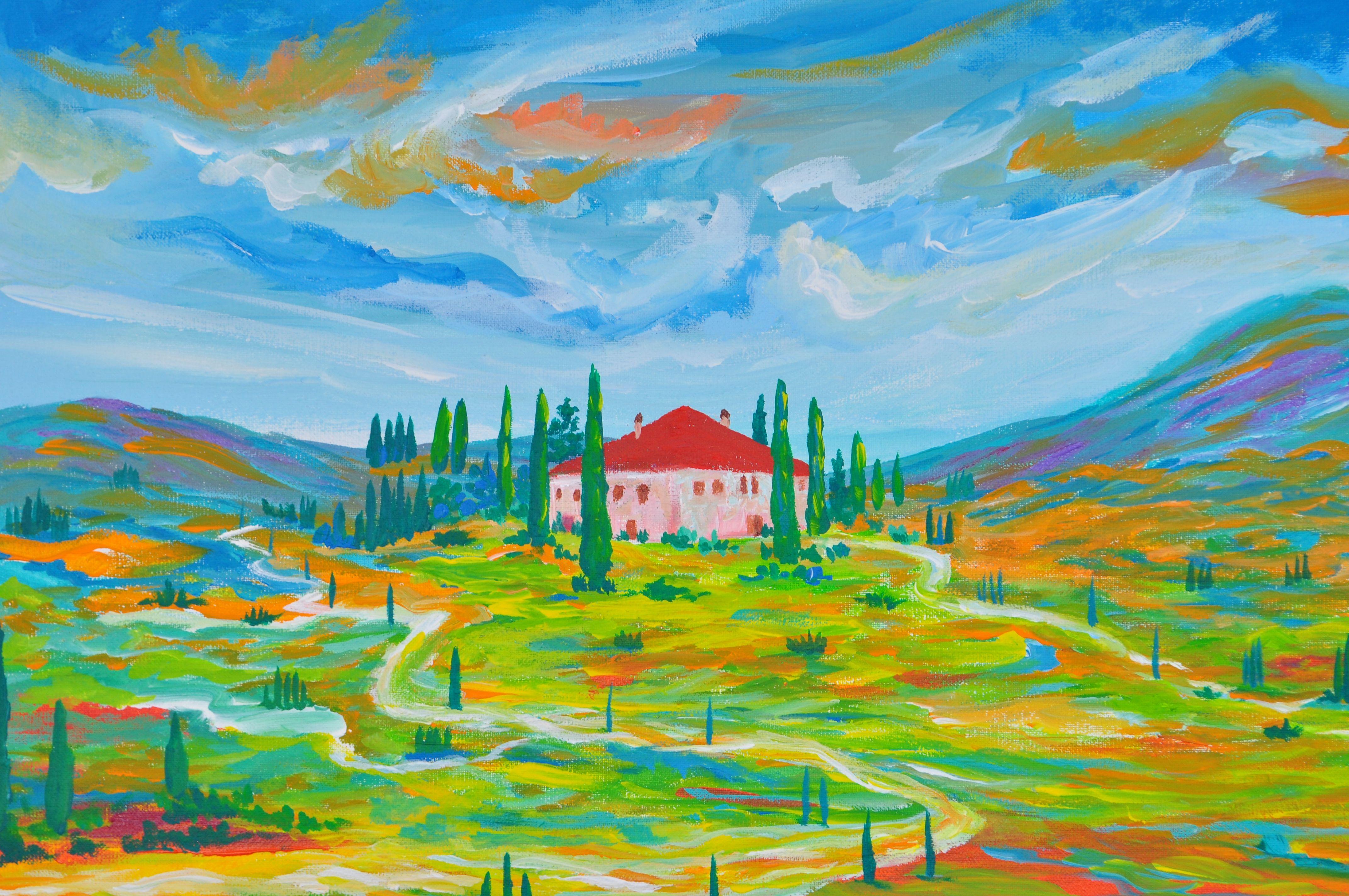 Zelie likes to capture the charm of Tuscany landscape. She uses bright and bold colour on her painting. When she travels to Tuscany and go out for a drive, she will be always looking for scenery that she can paint. This painting was no exception.   
