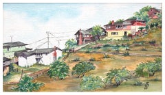 Mid Century Coastal Town Landscape Watercolor