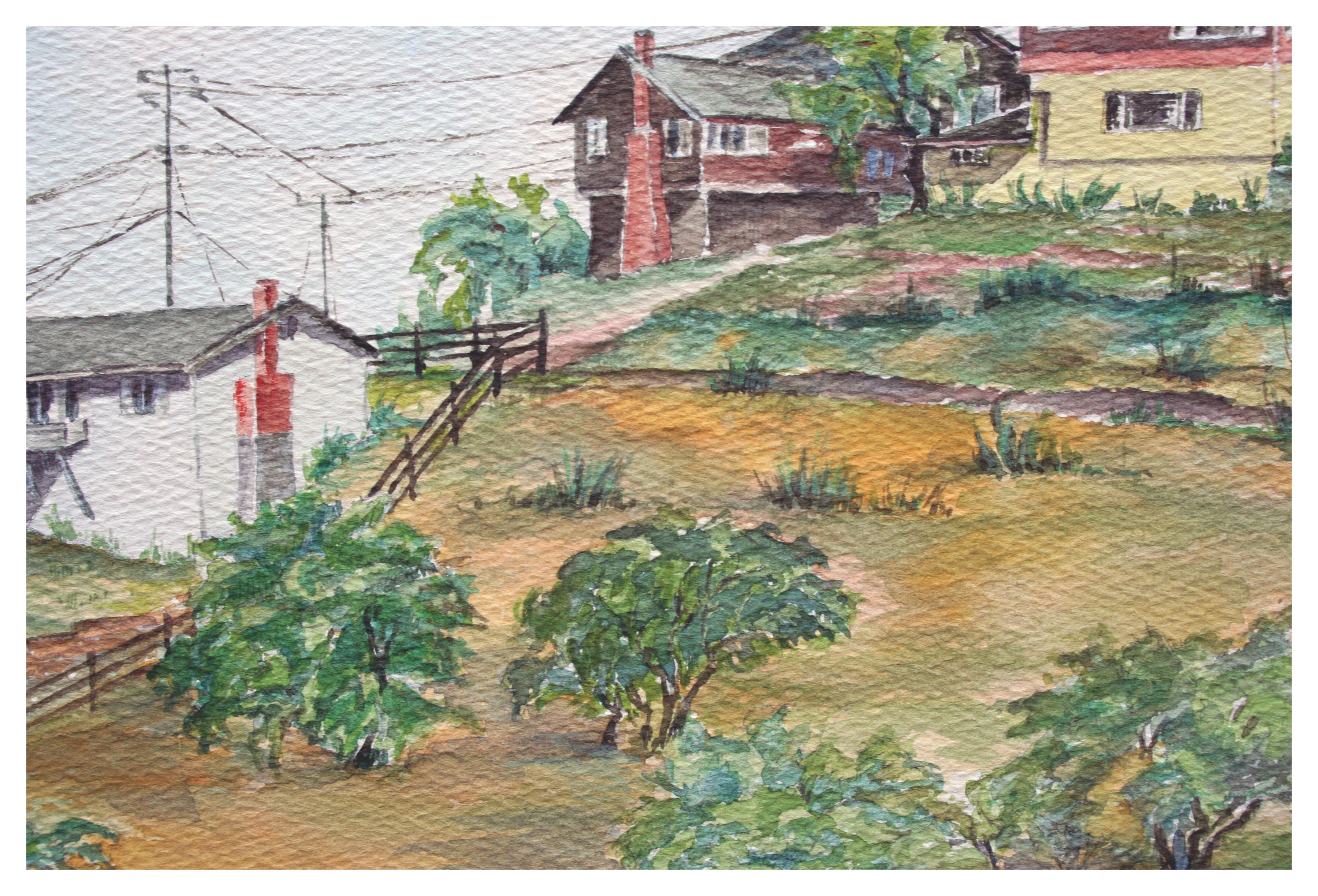 Acquerello di paesaggio urbano costiero di metà secolo - Painting Puntinismo di Zella Mae (Wunderlich) Dickenson