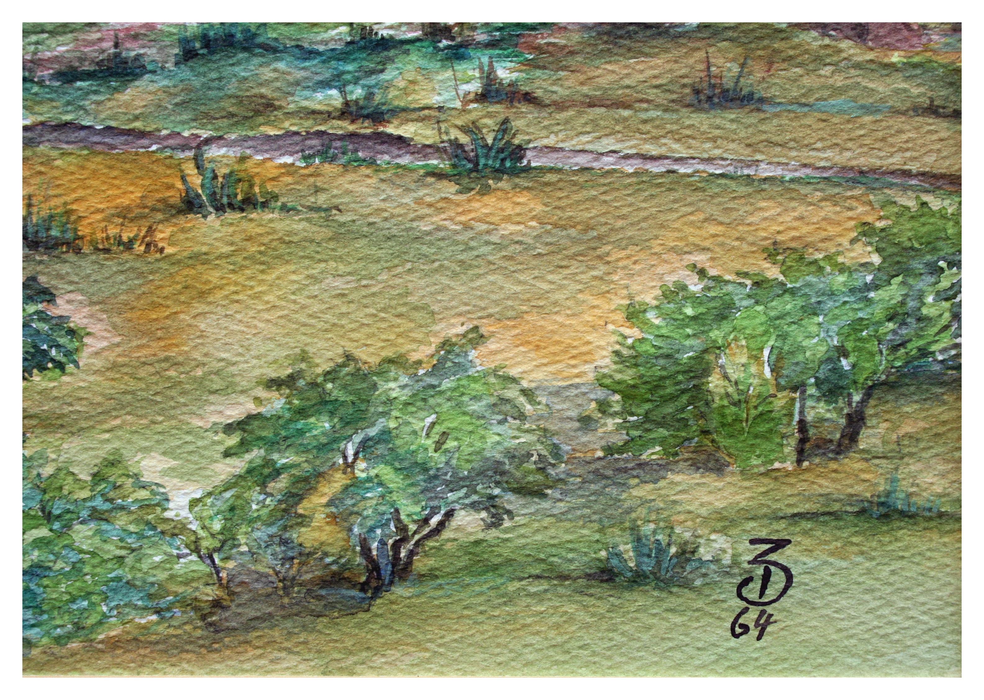 Acquerello di paesaggio urbano costiero di metà secolo - Landscape Painting Grigio di Zella Mae (Wunderlich) Dickenson